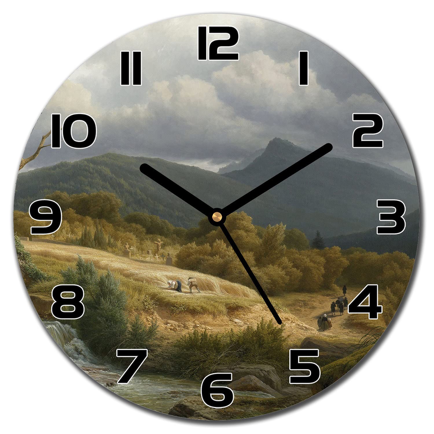 Horloge en verre impression peinture a l'huile effet bois decoration murale