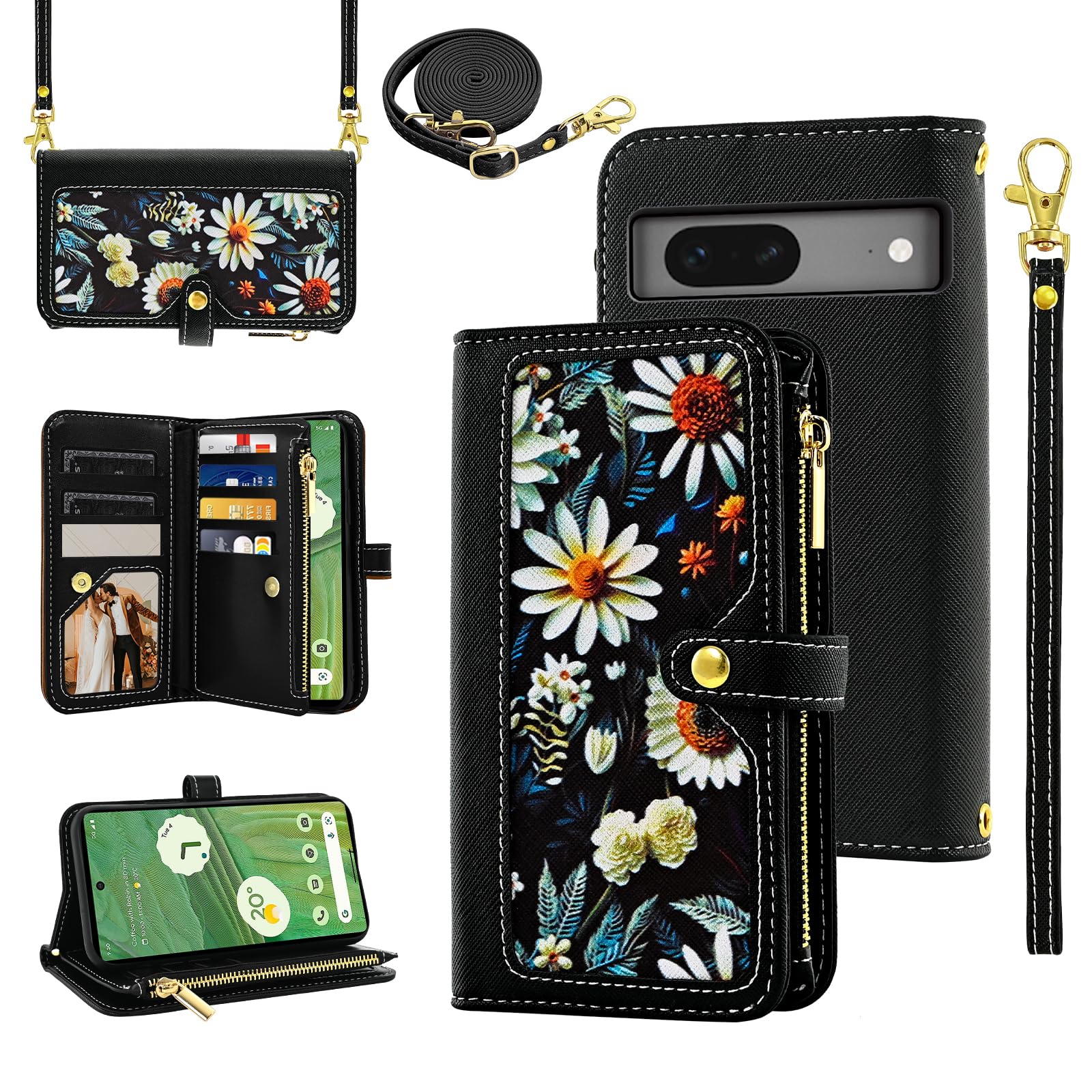 Furiet Floral Wallet Case for Google Pixel 7 5G with Wrist Strap Shoulder Strap Flip Zipper Purse, Luxury PU Leather Credit ID Card Holder Stand Cell
