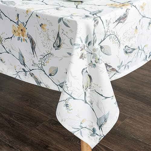 Miniatura 5 de VOGOL Manteles de primavera y verano, sin arrugas, antidecoloración, mantel rectangular de lino con pájaros grises y flores para cocina, comedor,