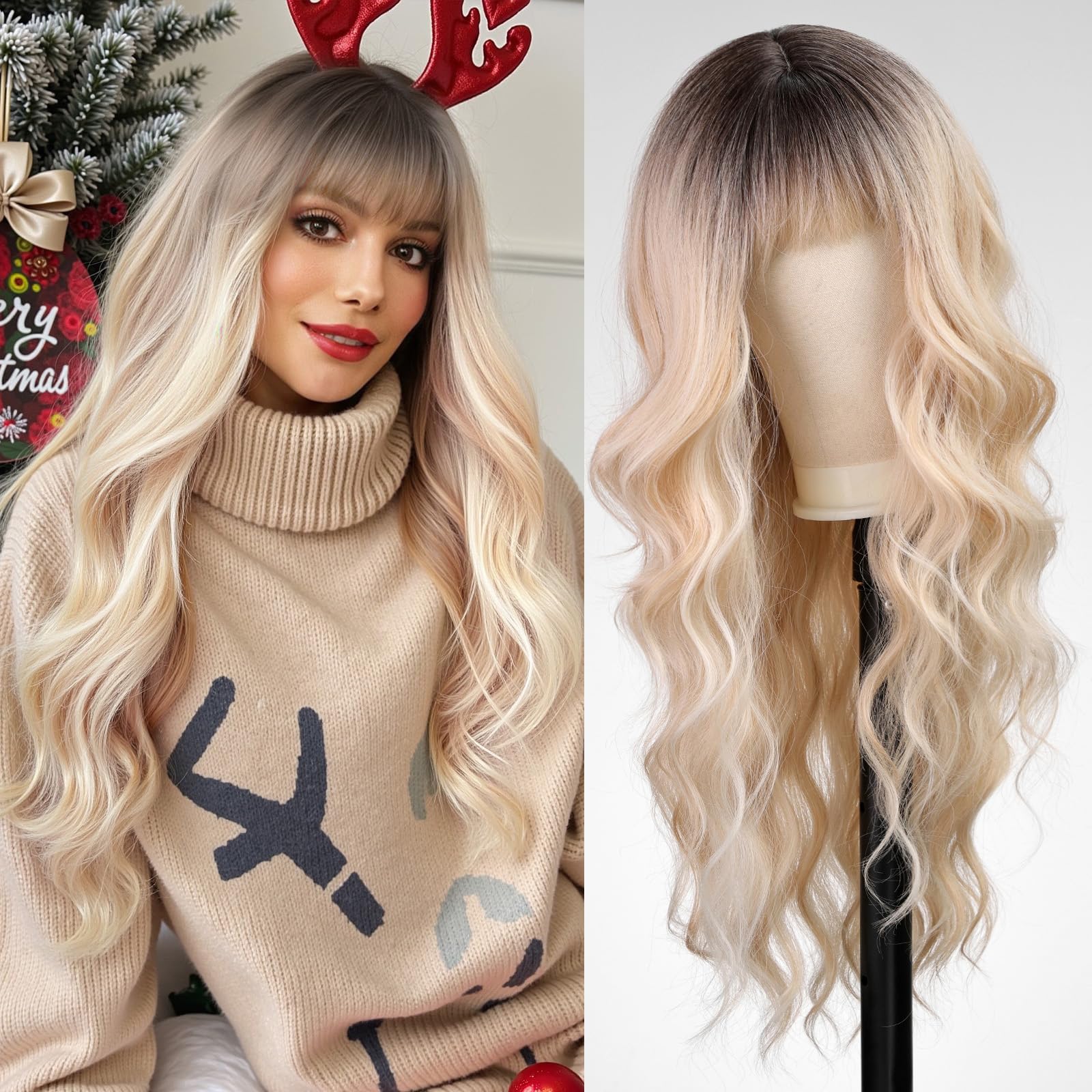 Sponsored Ad – WOKESTAR Long Wavy Blonde with Highlights Wigs for Women, Heat Resistant Natural Hair with Fringe