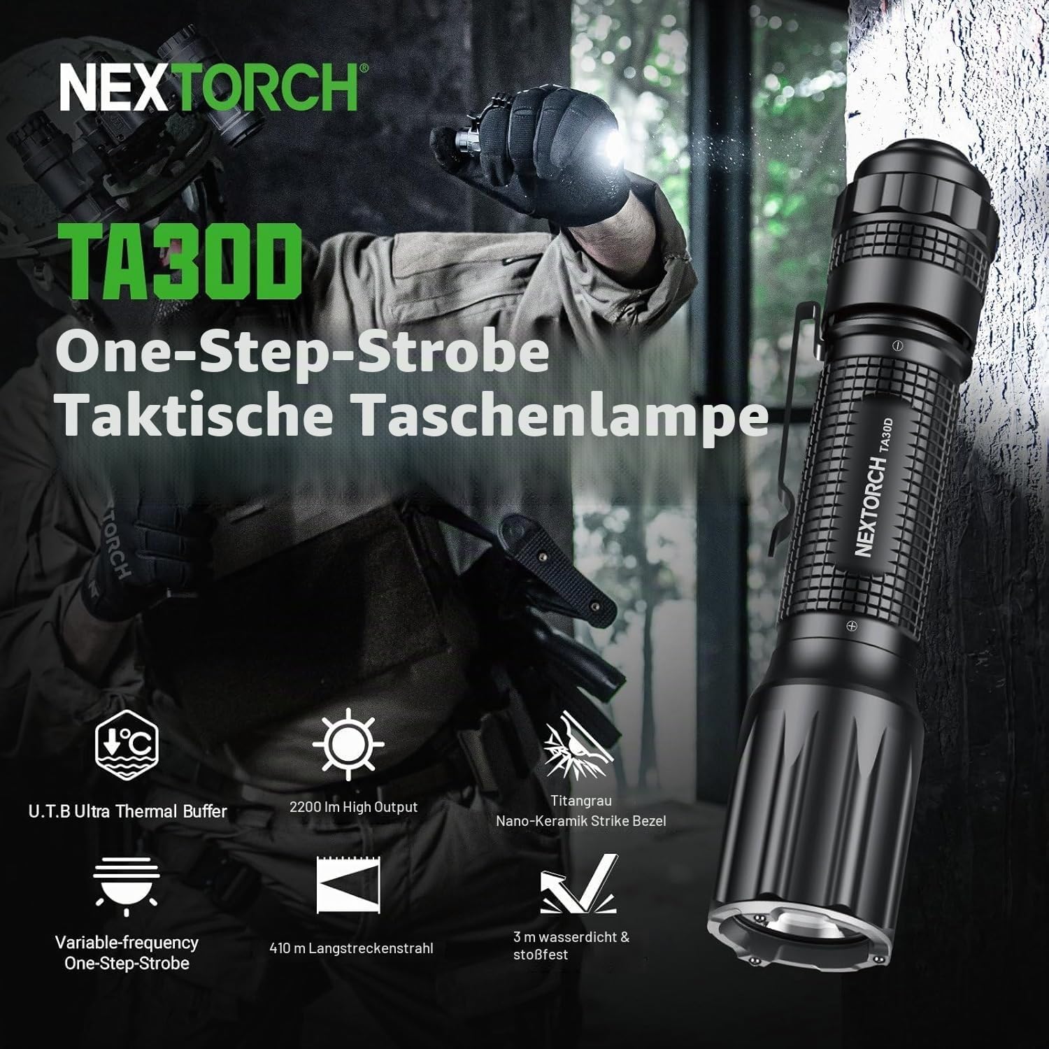 NEXTORCH TA30D Taktische Taschenlampe 2200 Lumen, EDC Extrem Hell LED Aufladbare mit 410m Reichweite, IPX8 Wasserdicht, 5 Modi, Strobe & Tactical Ring, für Einsatz, Notfall, Suche im Outdoor-Bereich