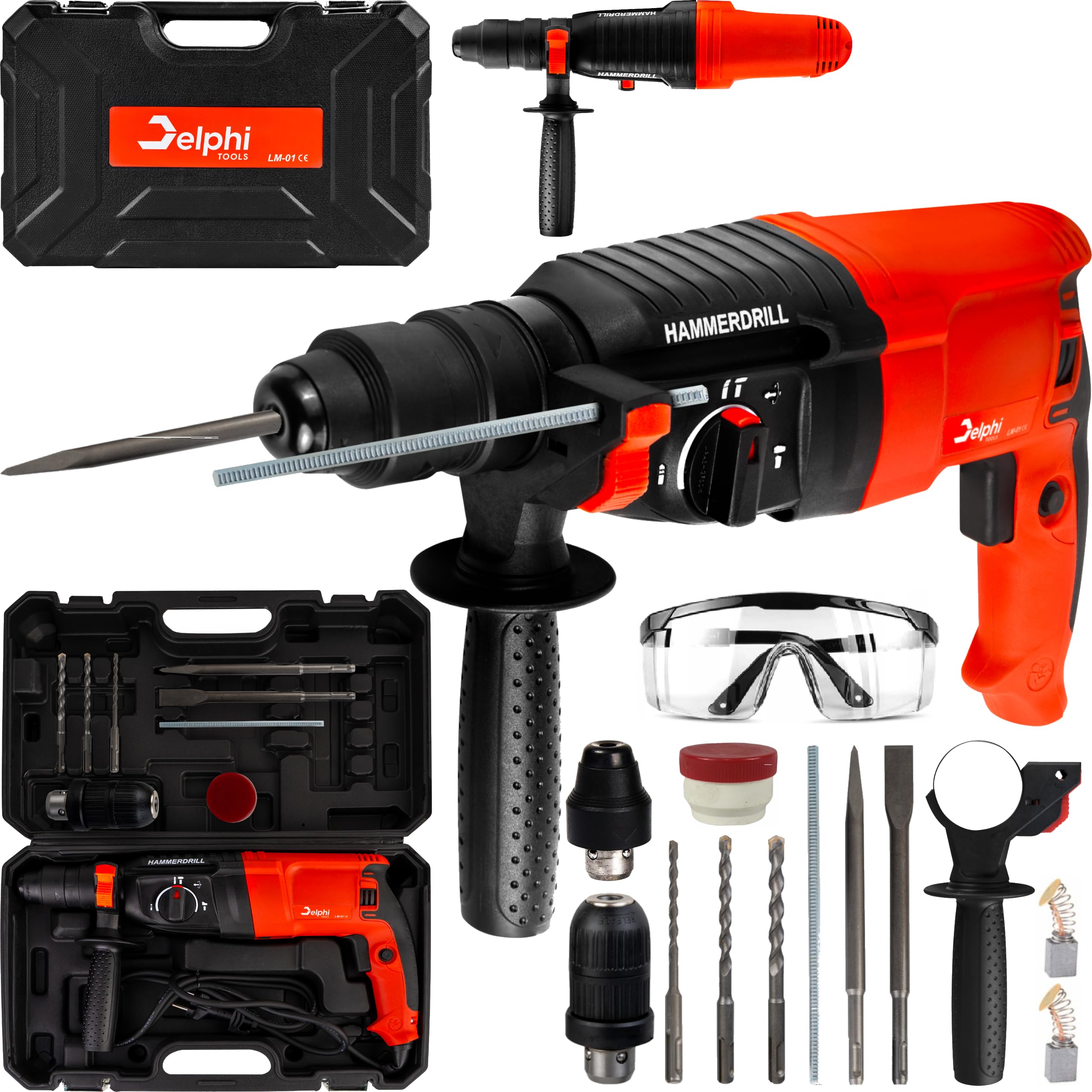 DELPHI Set Trapano A Percussione SDS Plus - Trapano a percussione SDS 6/8/10mm 800W/2600W 4J Frequenza Di Corsa 4000/min - Martello A Percussione Per Foratura Impugnatura Aggiuntiva 15 Accessori