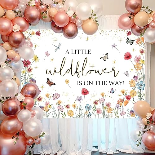 Miniatura 10 de Avezano Decoraciones de flores silvestres para baby shower con texto en inglés "A Little Wildflower is On The Way", telón de fondo para baby shower