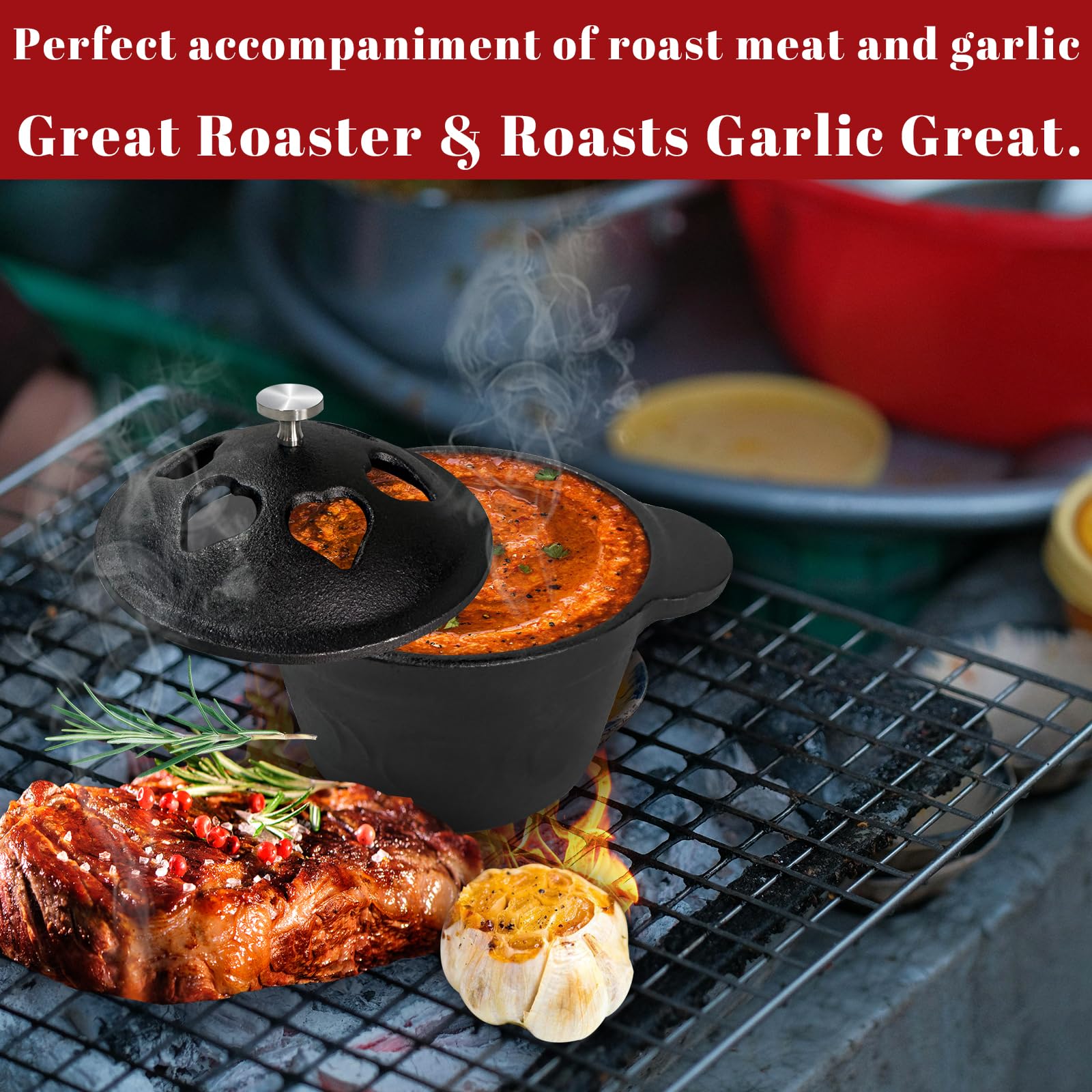 Asador ahumador de hierro fundido y asador de ajo, horno holandés pre-sazonado, asador de ajo de hierbas gourmet para horno de parrilla, caldero de hierro fundido de triple luna con tapa, caja 6