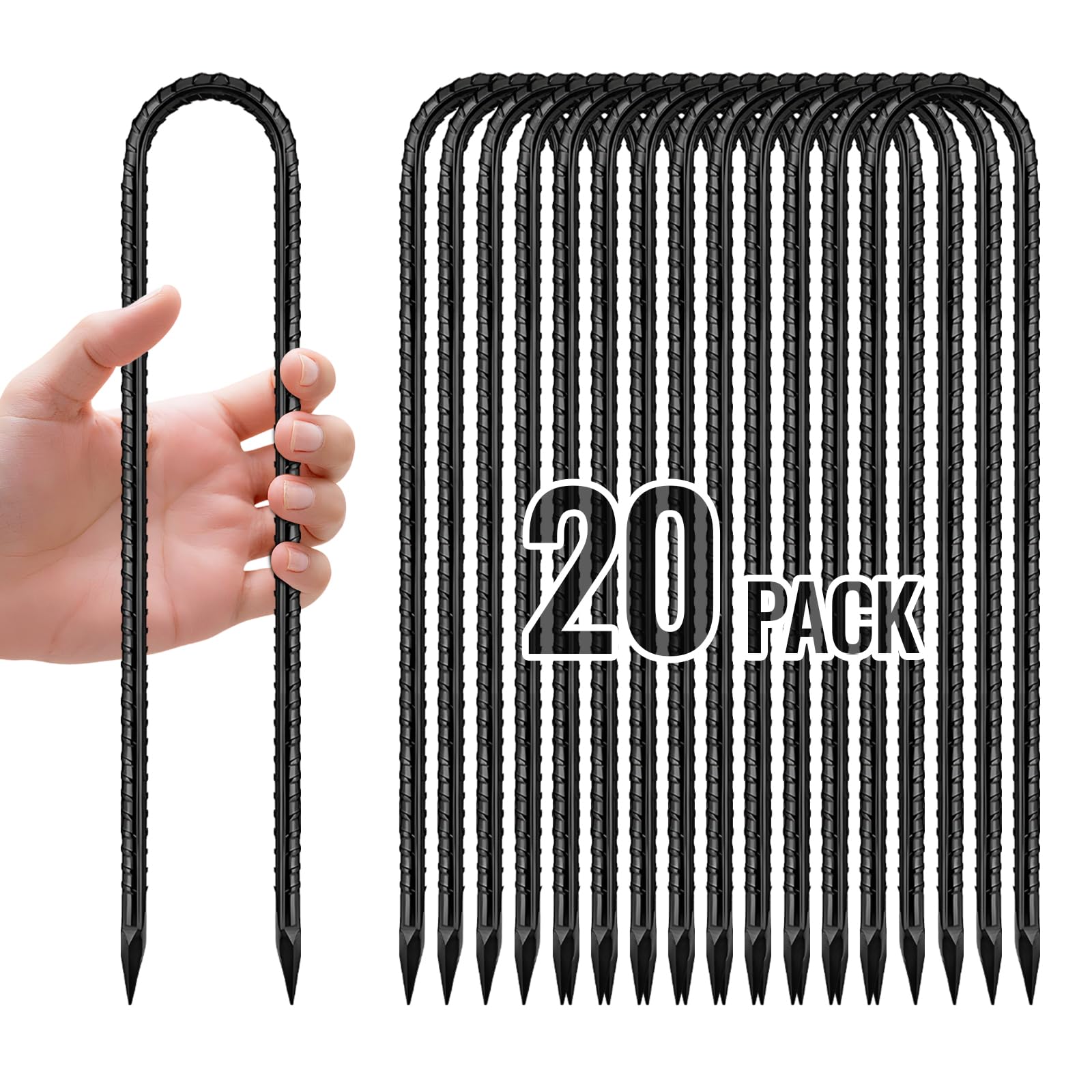 Lot de 20 piquets d'armature de 30,5 cm, piquets en U noirs pour tente, robustes, pour plantes, tissu paysager antirouille, gazon artificiel