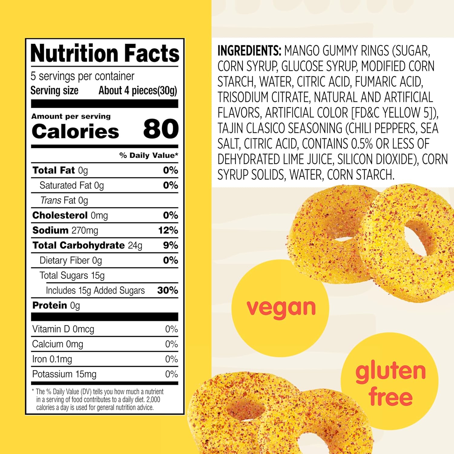 Snak Club Tajin Mango Rings Gummy Candy, Fruit Candy Gummies with Chili and Lime Seasoning, Mild, Gluten-Free and Vegan Snacks, 5 oz Resealable Bags, 6 Pack