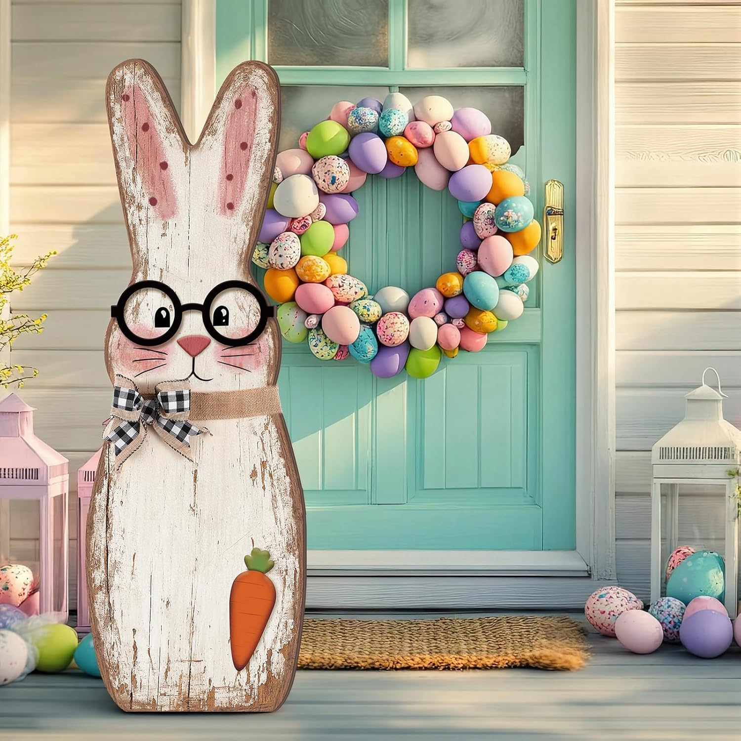 Yerliker 35 Inch Easter Wooden Porch Sign Wooden Bunny Standing Sign Decoration Easter Rabbit Outdoor Decor Bunny Shape Decor for Porch, Yard, Front Door, Garden, Patio, Outdoor