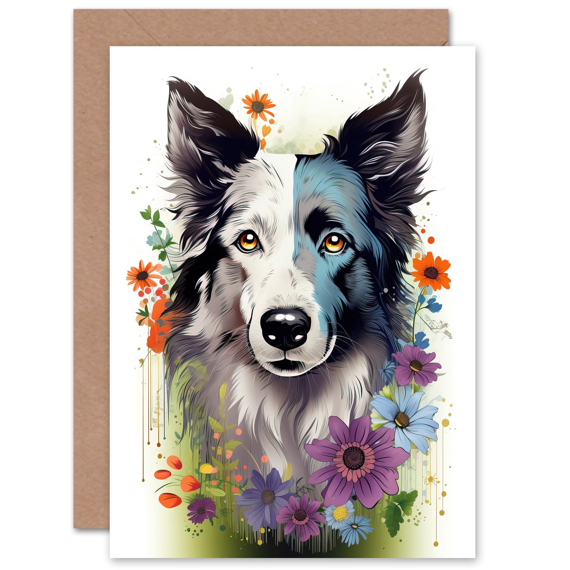 Artery8 Border Collie Pet In Wildflower Field Flowers Birthday Card