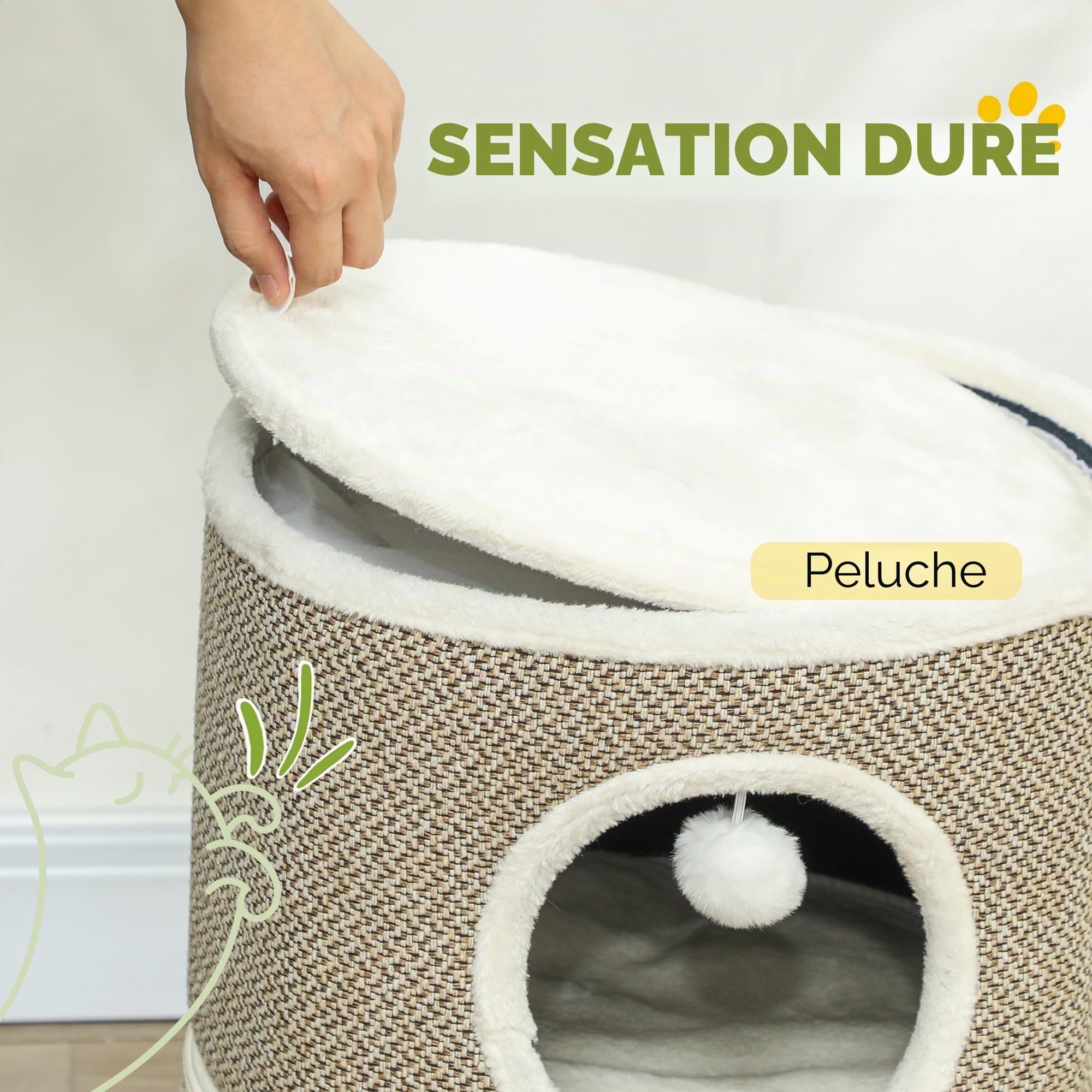 PawHut Tonneau à chat en sisal de 56 cm de haut avec grotte, arbre à chat, tour de chat, pour chat jusqu'à 5 kg, café