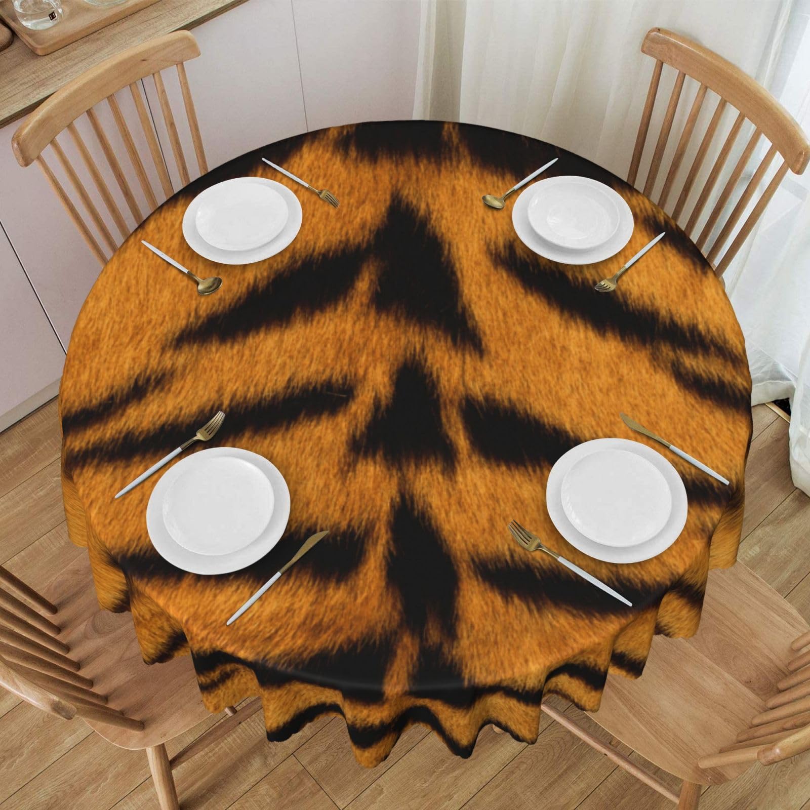 DCEHGEW 60 In Round Tablecloth with Lace, Tiger Skin Printed Oilproof & Washable Fabric Picnic Table Cloth Table Covers