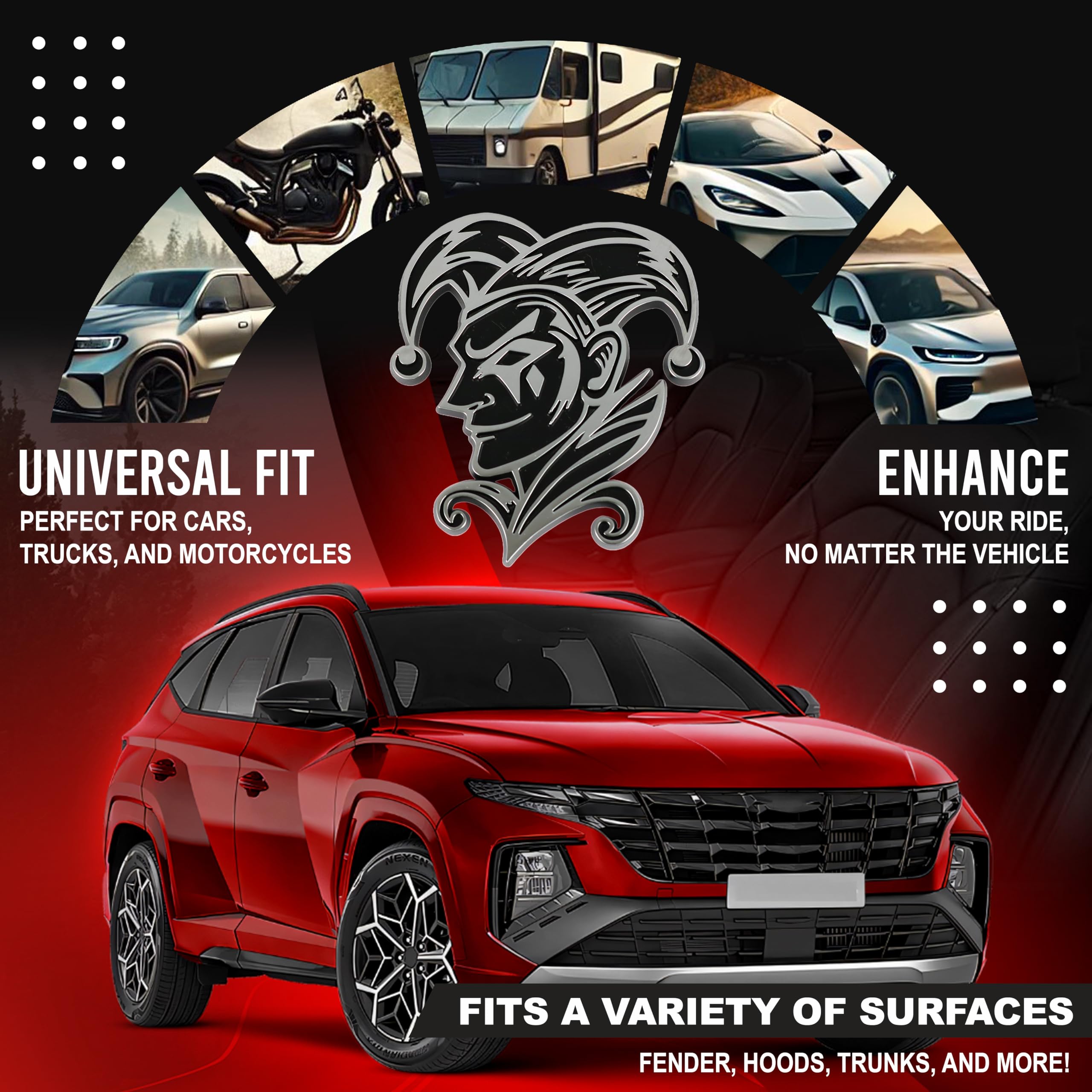 Emblema de Joker 3D Jester Badge – Calcomanía personalizada para coche, camión, SUV – Exterior duradero, maletero, capó, guardabarros (juego de 2) (cromado)