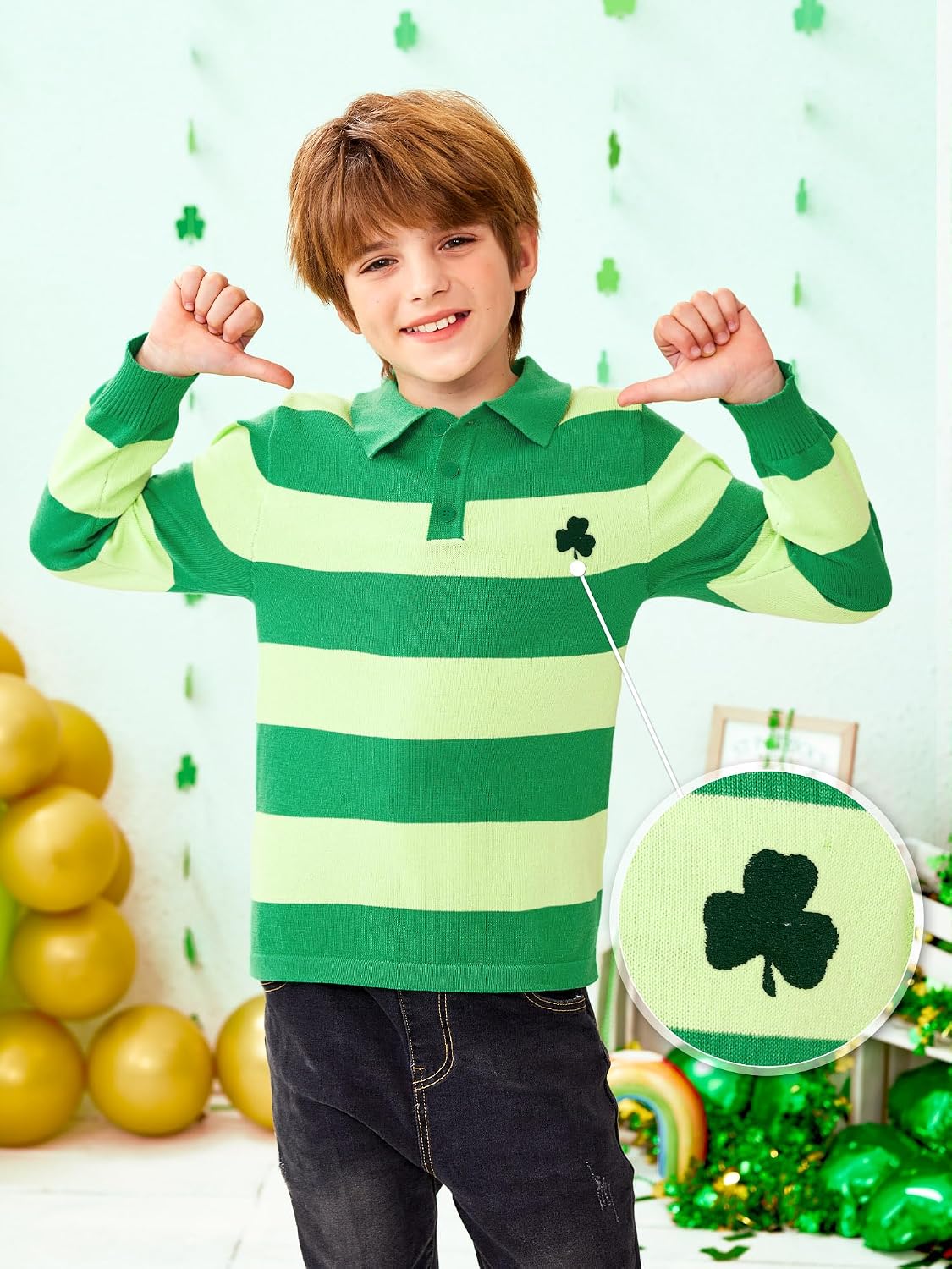 Unisex Kid's Mardi Gras Knit Polo Shirt Carnival Striped Fat Tuesday Long Sleeve Golf Sweater 4-12 Years