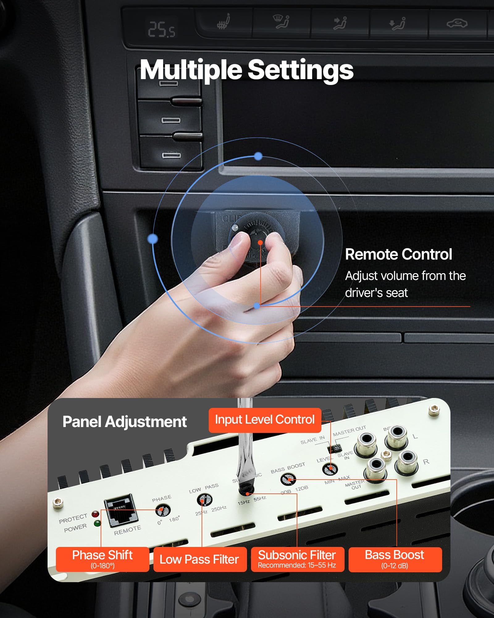 VEVOR Amplificador Monobloque para Coche 400 W, RMS 1/2/4 Ohmios, Clase D, con Control Remoto de Nivel de Subwoofer, Filtro de Paso Bajo, Refuerzo de Graves, Cambio de Fase y Control de Volumen