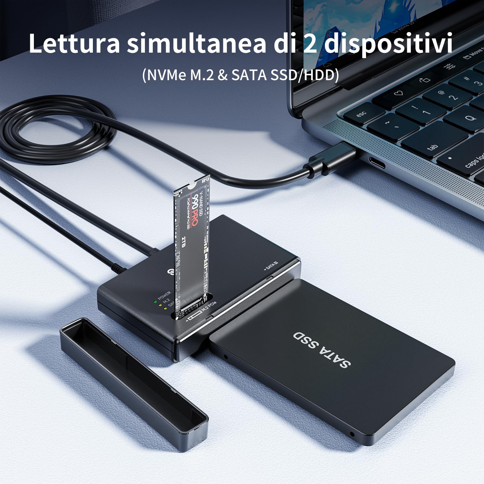 M.2 NVMe SSD Enclosure Adapter Type-C 10Gbps a M.2 e lettore di dischi rigidi SATA Enclosure esterna M2 PCIe NVMe SSD compatibile con M Key di qualsiasi dimensione e dischi a stato solido SATA