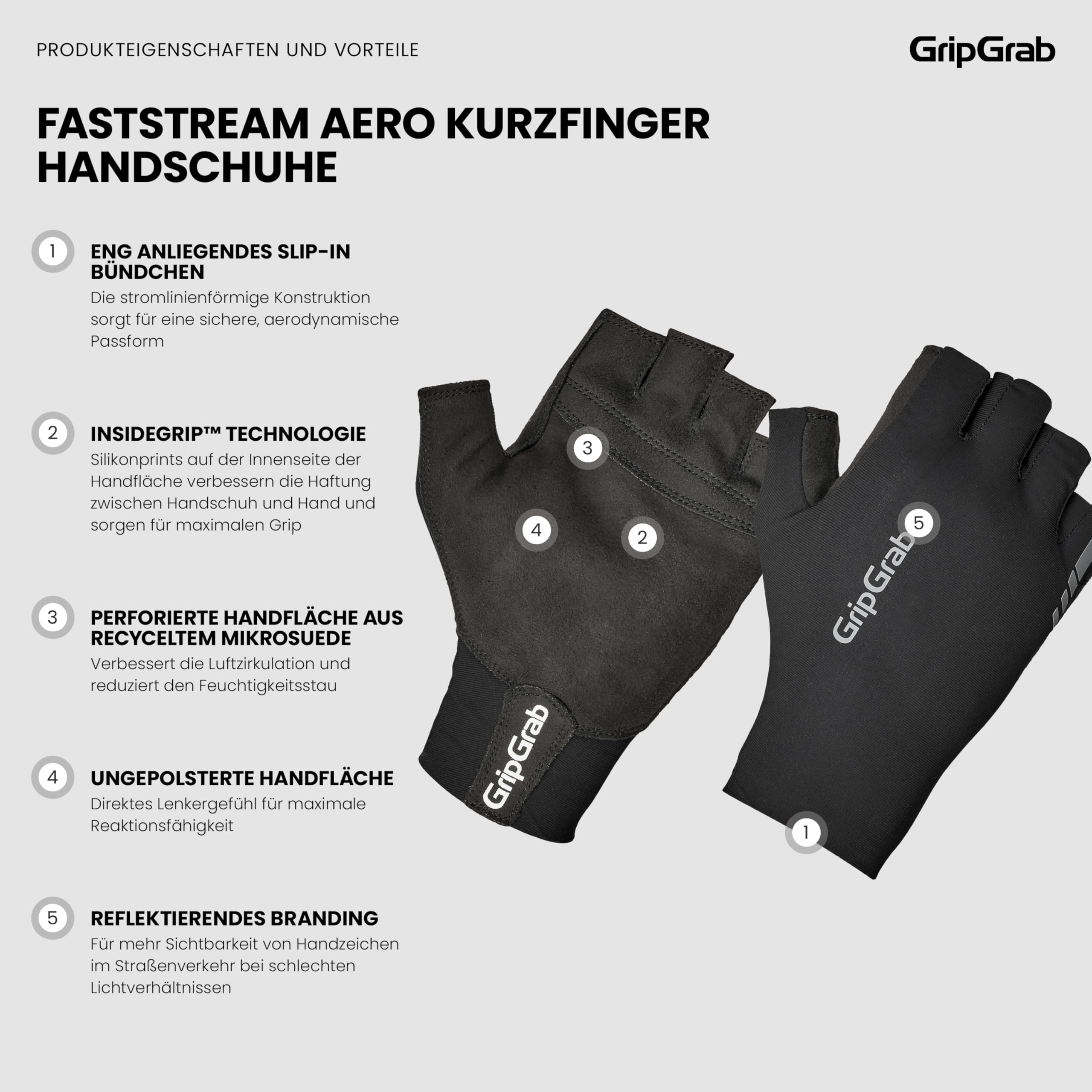 GripGrab FastStream Aero Kurzfinger Rennrad Handschuhe Sommer ohne Polster | Ungepolsterte High Performance Radsporthandschuhe mit InsideGrip Technologie für maximalen Grip, Halt und Aerodynamik