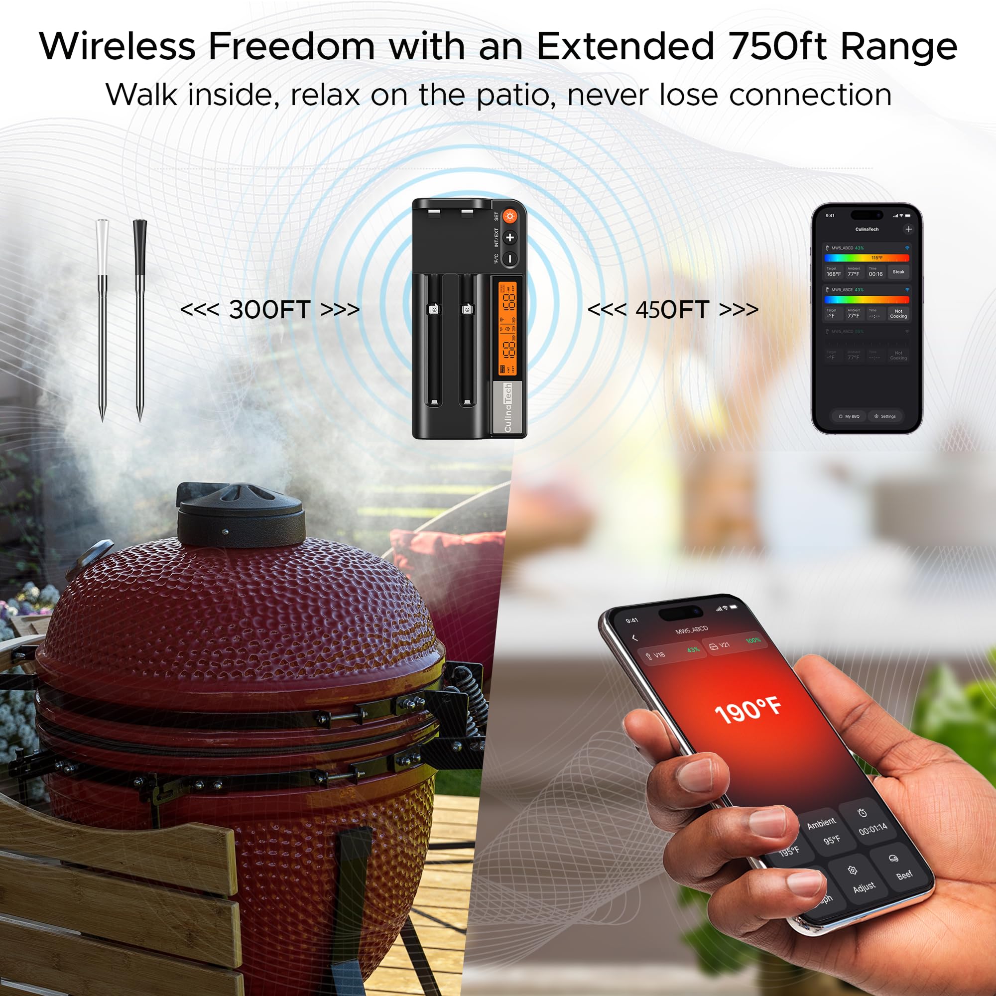 Fleischthermometer Kabellos mit Bluetooth, 2 Sonden, App-Überwachung mit Alarm, Wasserdicht, Hohe Reichweite, Multi-Sensor, Grillthermometer Smarte Fleischthermometer Kabellose für BBQ, Grill, Küche