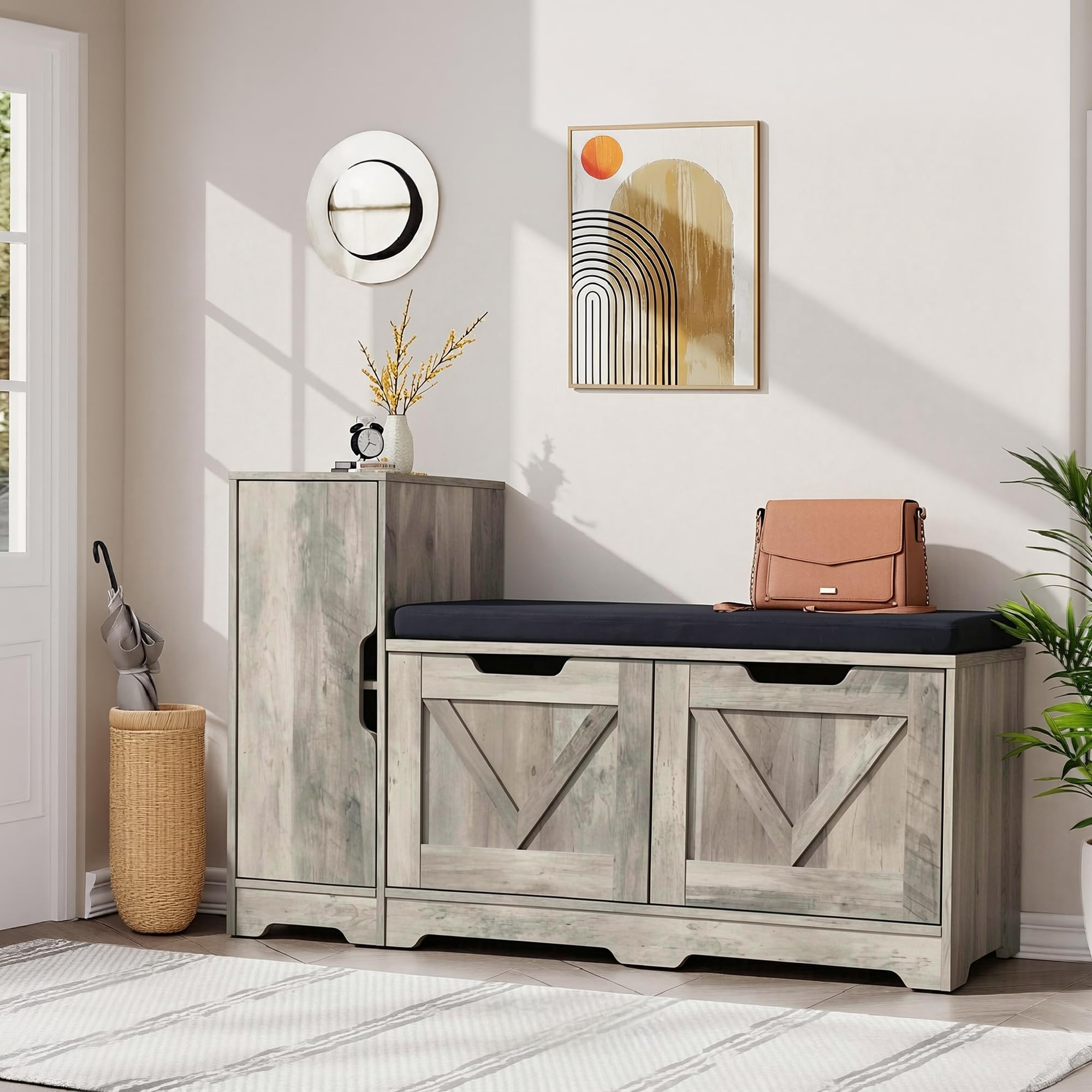 YITAHOME Shoe Bench, Storage Bench with Side High Cabinet and Door, Shoe Storage Bench with Padded Seat, with Cushion for Living Room, Hallway, Grey