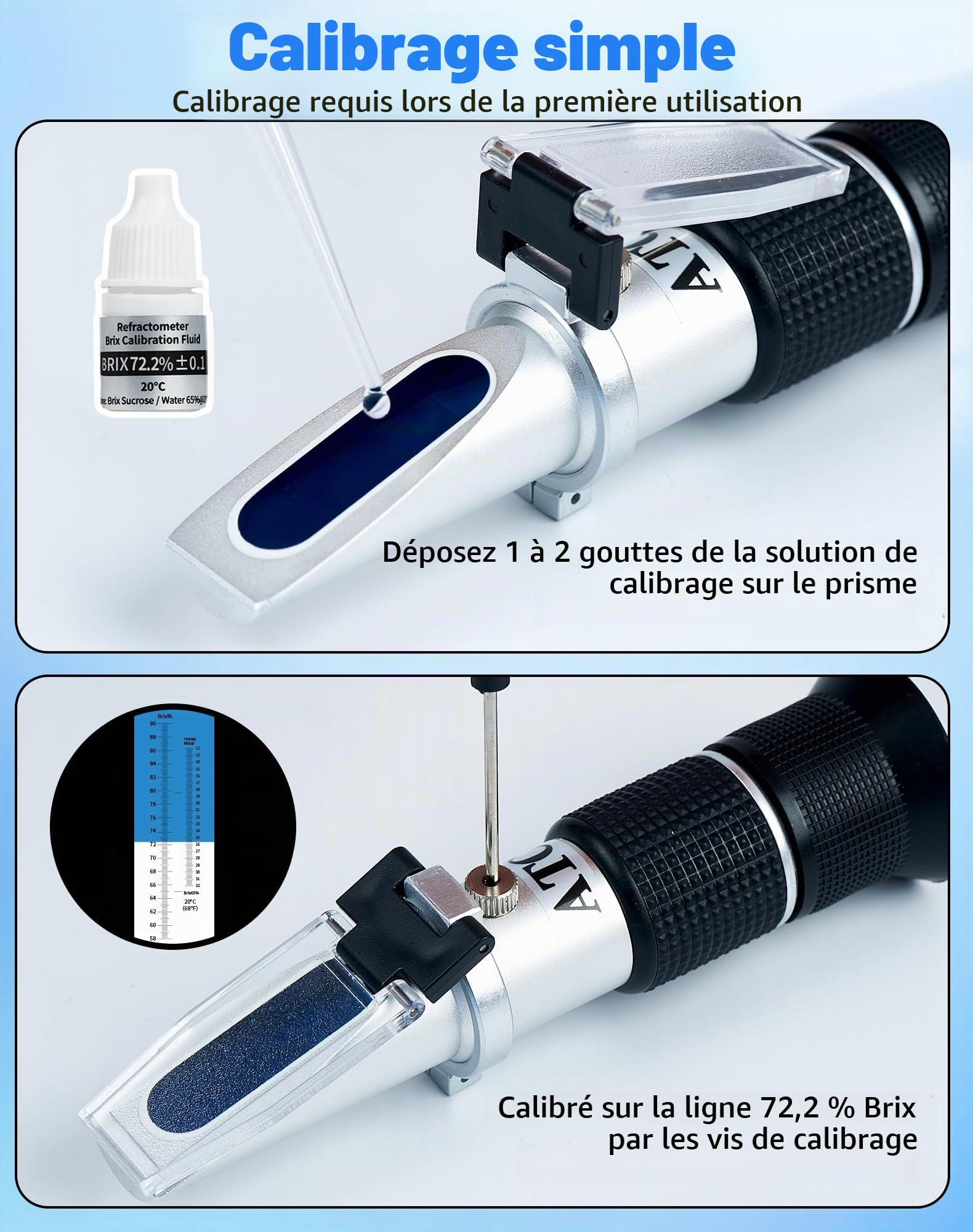 Refractometre Miel avec Fonction ATC Brix 58-92% d'eau 12-27% Be° 38-43° Réfractomètre pour Miel avec Solution d'étalonnage 72.2% Réfractomètre Manuel pour Miel sirop mélasse