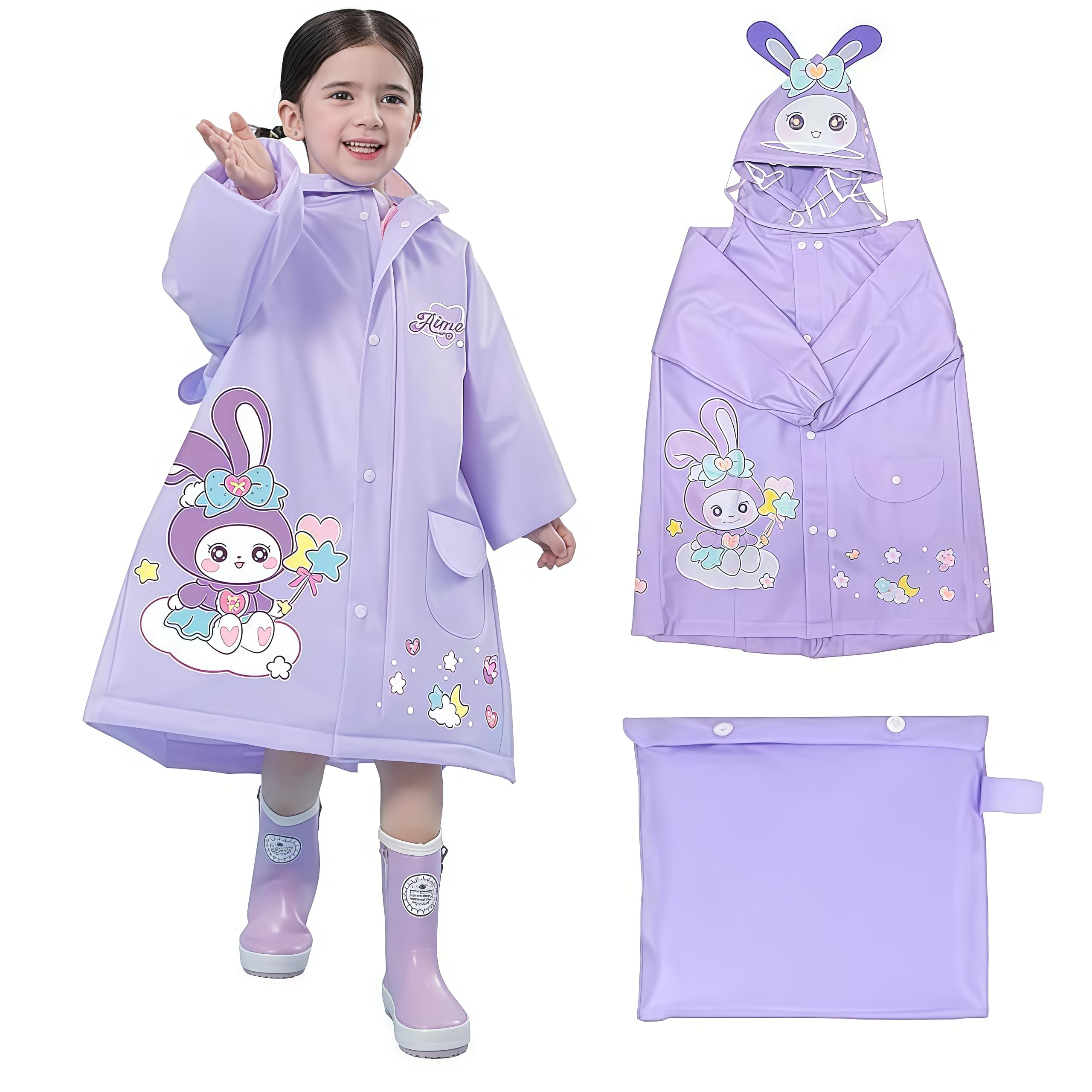 SNOWIE SOFT® Hooded Raincoat for Kids Wide Brim Raincoat for Kids 4-8 Years EVA Student Kids Rain Coat for Girls with School Bag Rain Cover Starling Bunny Print Recommended Height 80-125cm