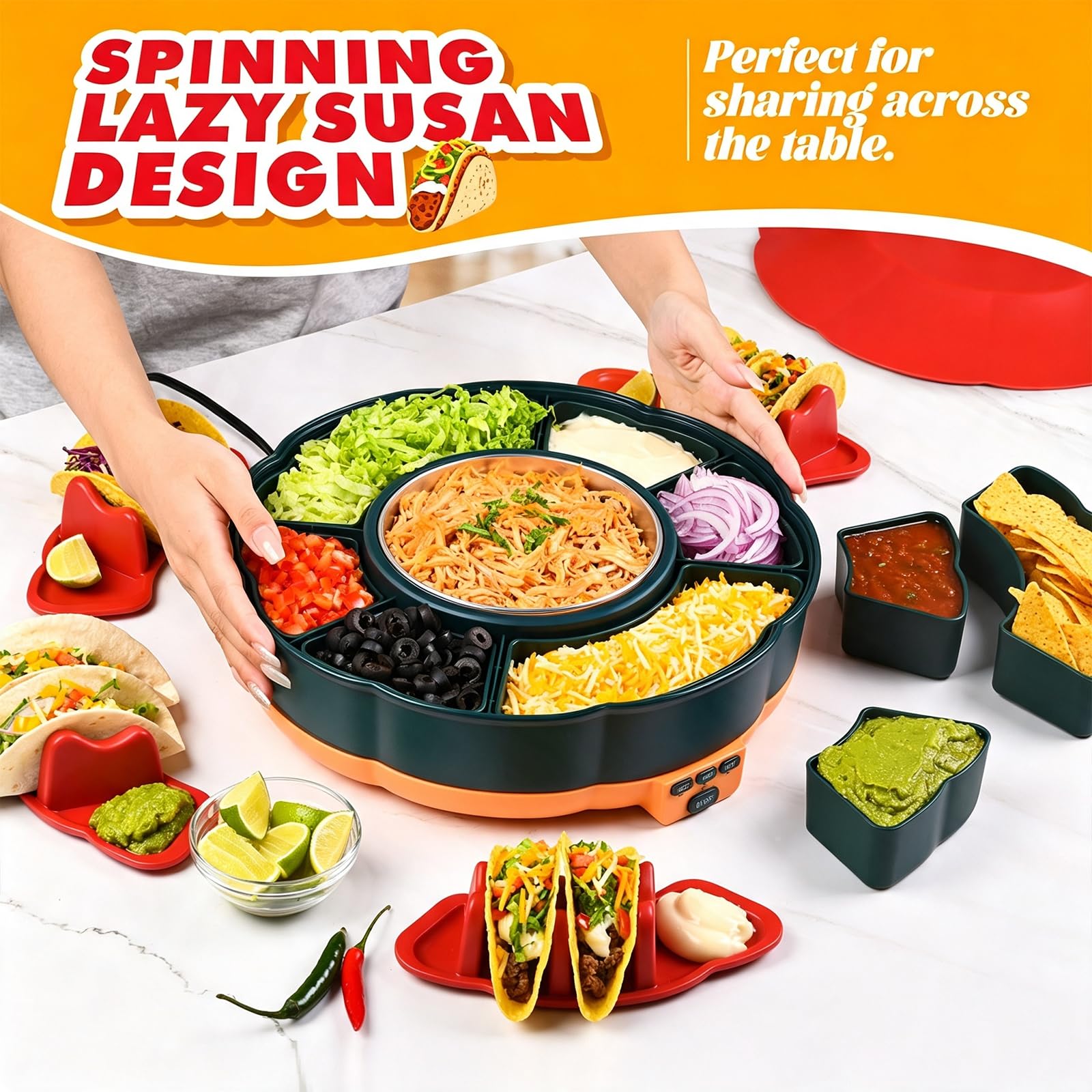 Juego de Fondue de Chocolate eléctrica, Olla calentada de 33 oz | 4 soportes para tacos, bandeja desmontable Lazy Susan para preparación de alimentos compartidos en fiestas en interiores