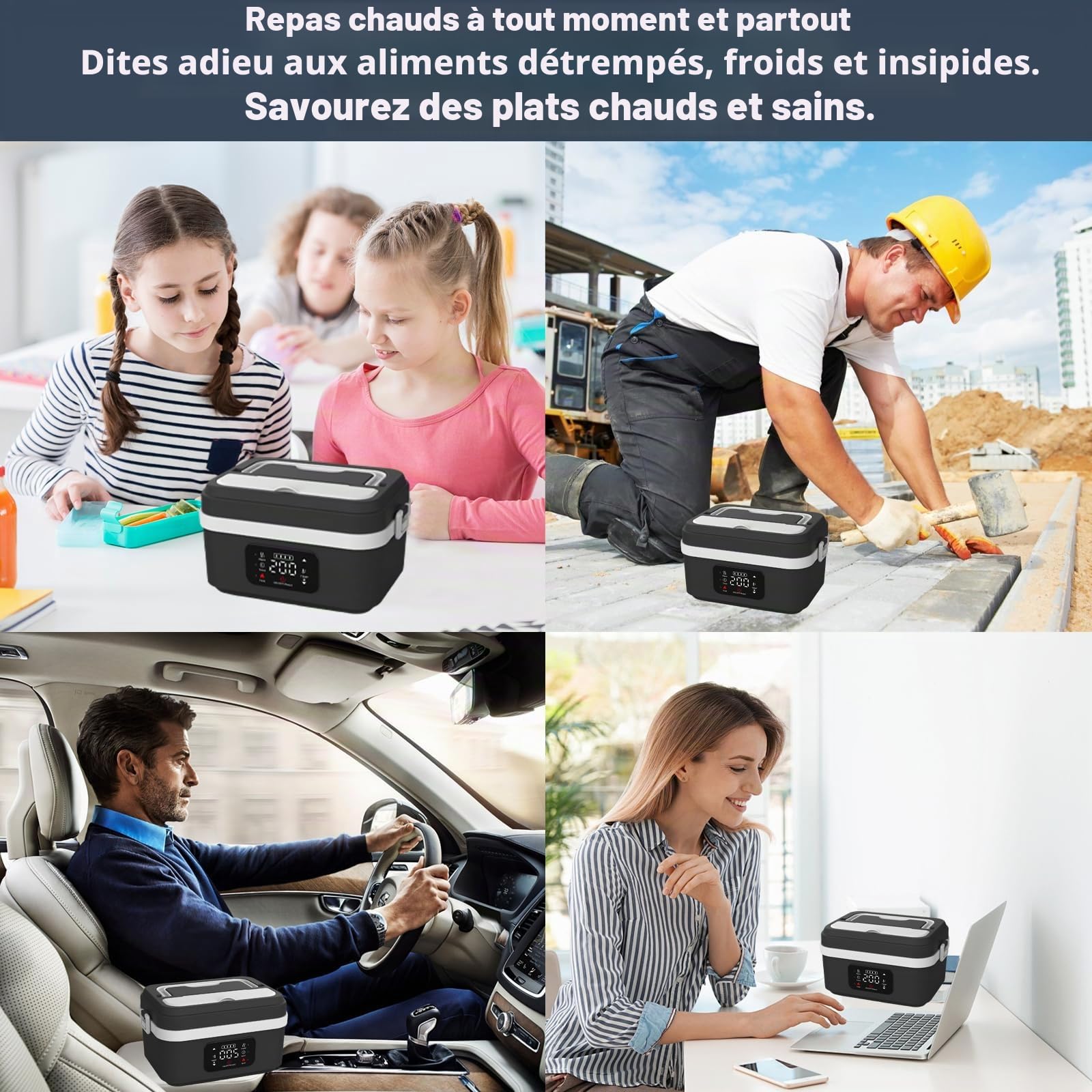 Kouamor Boîte à déjeuner électrique 1 l, chauffante, avec batterie, isolée et auto-chauffante, écran LED, acier inoxydable 304, avec récipients de rangement (A)