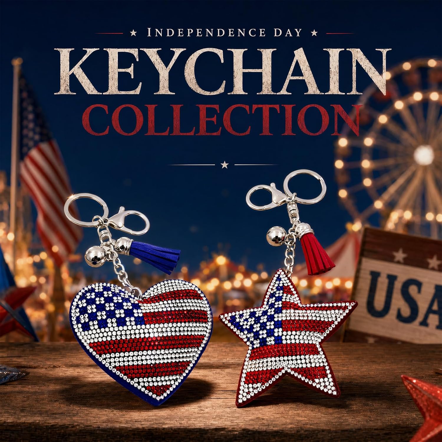 QCWN 2-Pack American Flag Keychain for Women, Bling Rhinestone Star & Heart Purse Charms, Patriotic Crystal Backpack Keyrings Fob Accessory with Tassels for 4th of July USA Decor