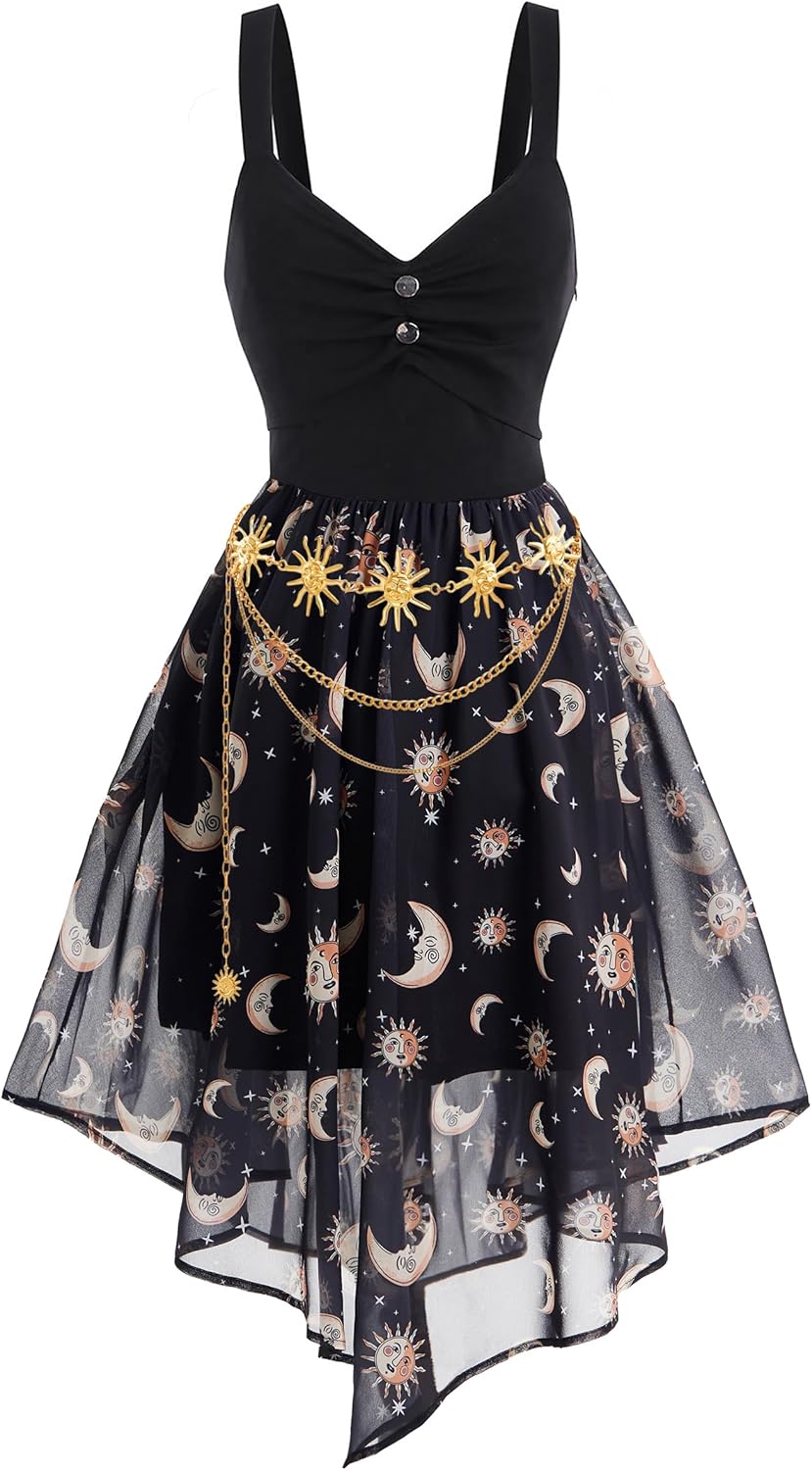 FEAPHY Women's Vintage Chiffon Sun Moon Star Sleeveless A-Line High Low Dress