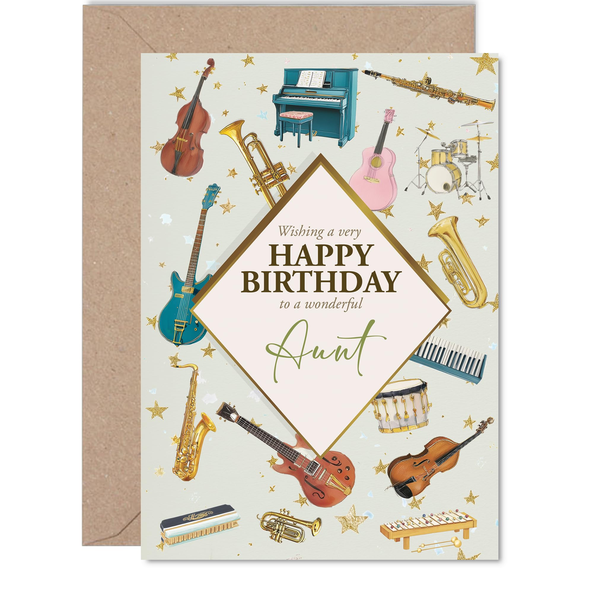 Aunt Birthday Card - Music Lover - Happy Birthday Card for Aunt from Nephew Niece, 5x7 Inch Bass Acoustic Electric Guitar Bday Greeting Cards