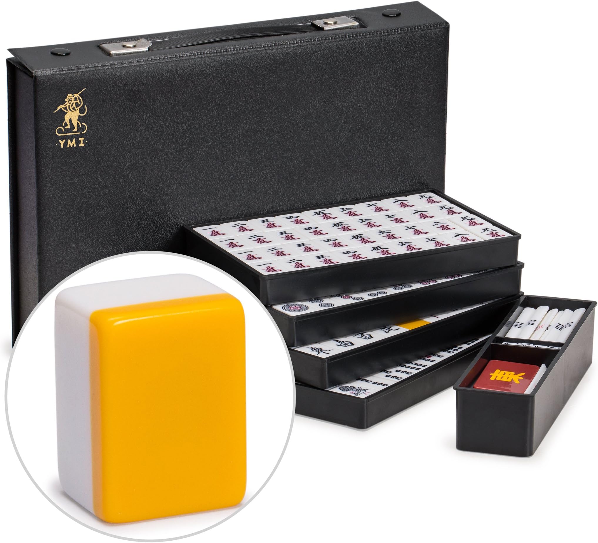 Japanese Riichi Mahjong Set - White and Yellow Tiles with Black Vinyl Case