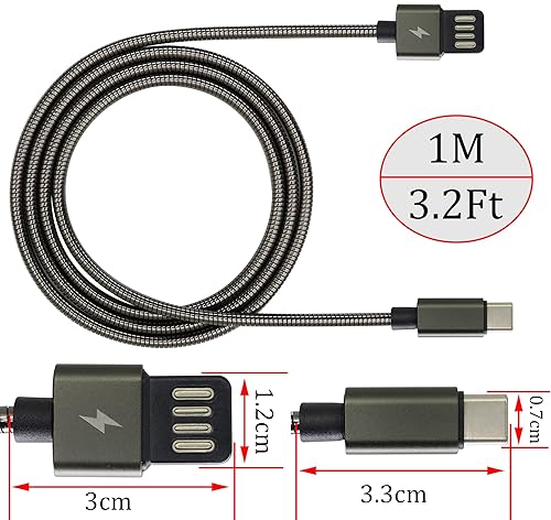 Miniatura 3 de Cable macho tipo C de doble cara, universal USB A a tipo C, cable trenzado de metal con aislamiento de acero recubierto de acero redondo, carcasa