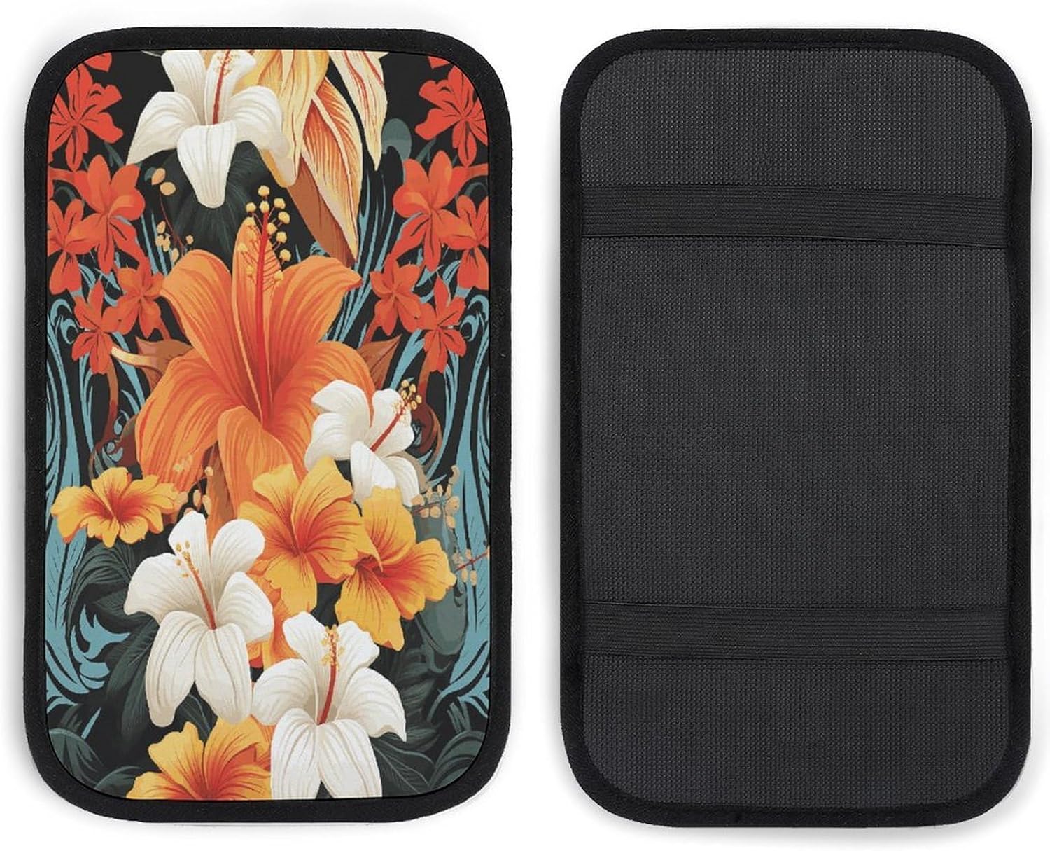 Flowers And Hawaiian Tribal Patterns on Black Background Car Center Console Cover Universal Waterproof Arm Rest Cover Car Armrest Cushion Car Armrest Cover Protector Car Interior Accessories for Most