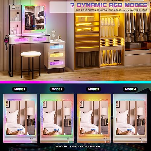Miniatura 3 de Gurexl Mesa de tocador de maquillaje RGB con estación de carga inalámbrica, maquillaje LED con escritorio visible, juego de mesa de tocador 7
