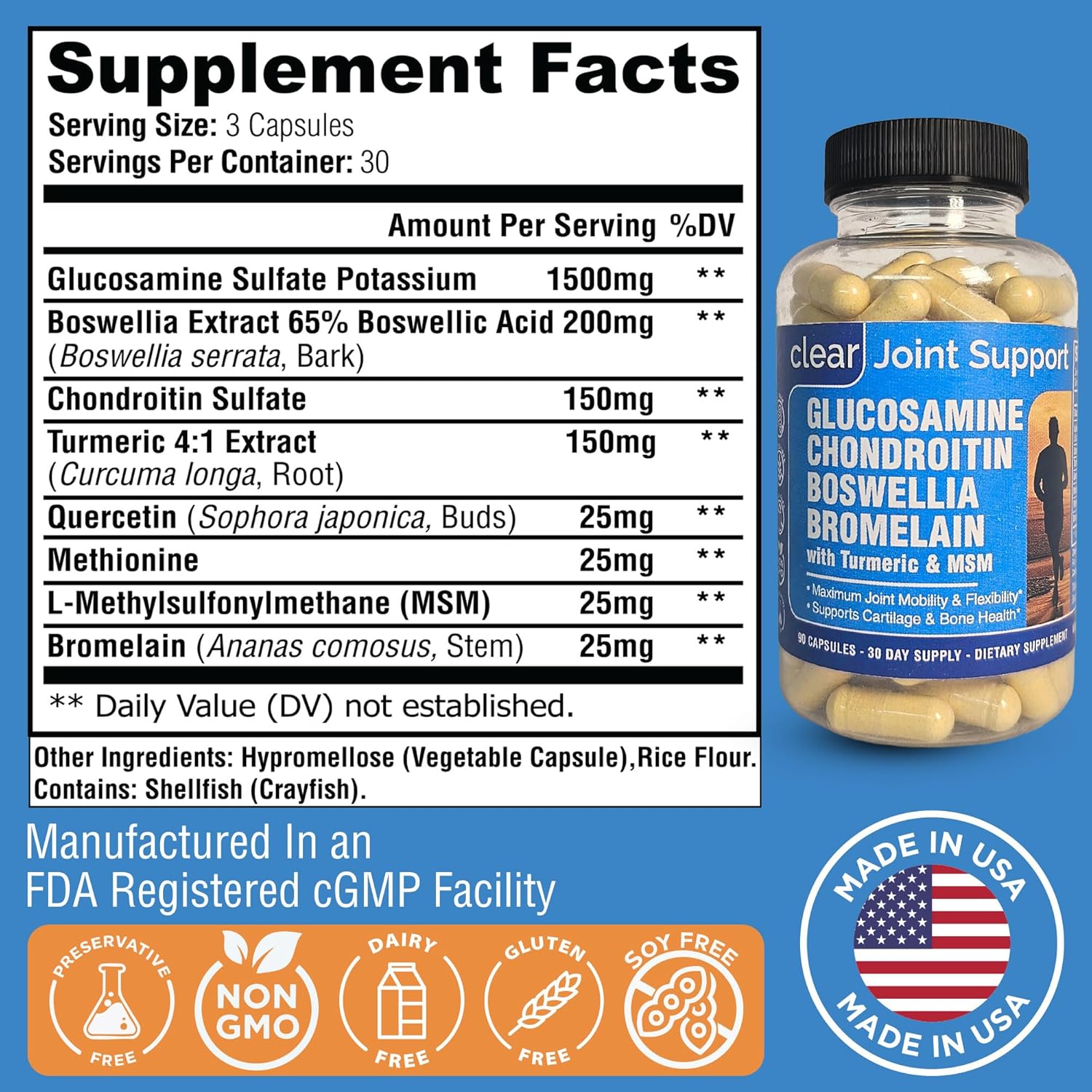 Glucosamine Sulfate 1500mg Chondroitin & MSM Joint Support - 8-in-1 Formula with Turmeric & Boswellia - Easy-to-Swallow Capsules, Gentle on Stomach for Back, Knee & Hip Support - 90 Capsules - Image 7