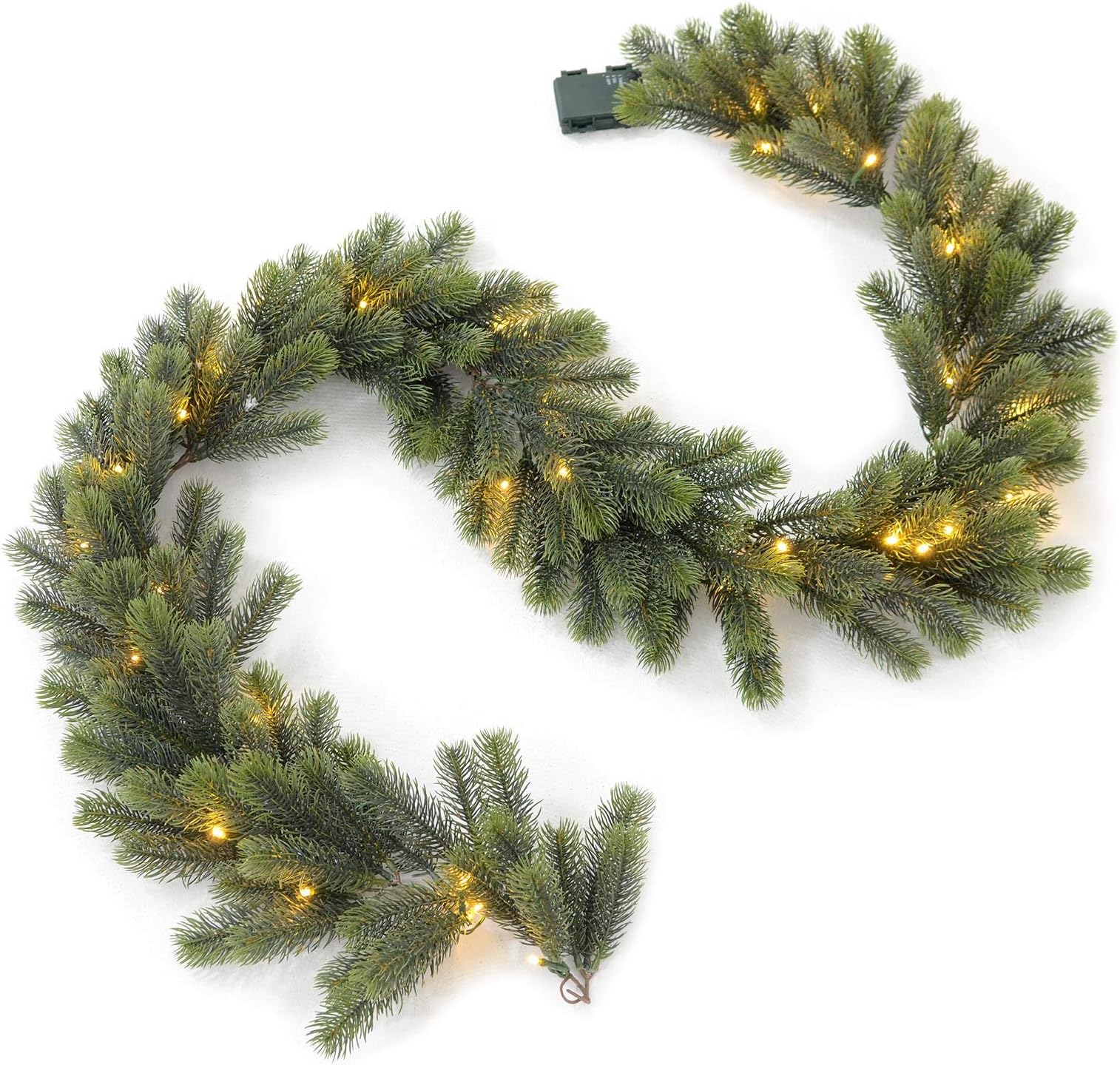6ft Christmas Garland with Warm White LED Lights, Timer, and Battery-Powered, Artificial Green Pine, Festive Decoration for Fireplace, Party, Holiday Home, Winter Wreaths, Indoor/Outdoor Use