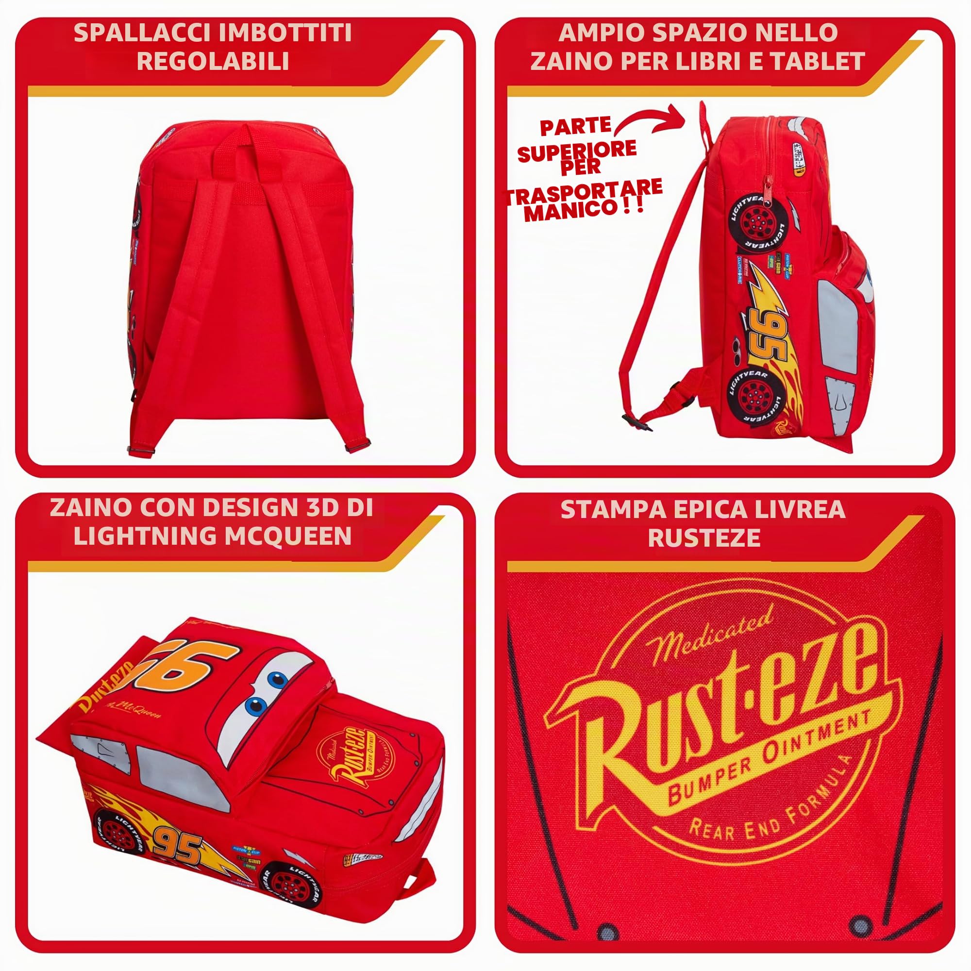 Zaino Disney Cars 3D Bambini Lightning McQueen Scuola Asilo Borsa per il pranzo Zaino Rosso 95