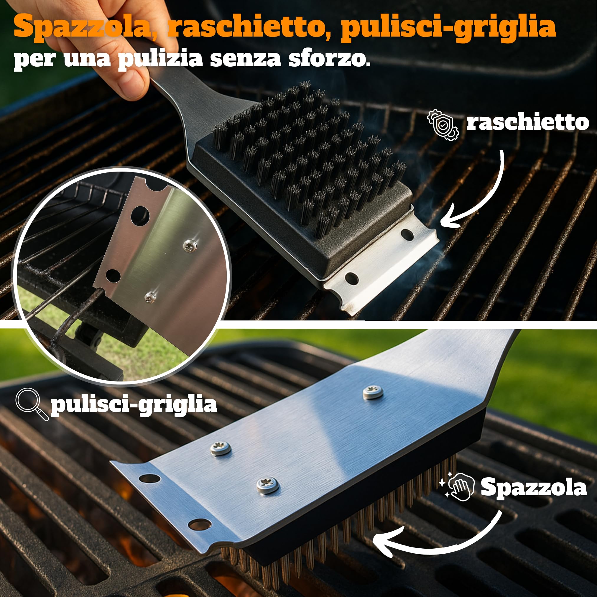 Set di attrezzi per barbecue da uomo, regalo – Set di utensili per barbecue in acciaio inox – Spatola e spazzola di pulizia 3 in 1 – Set da barbecue ideale come regalo per gli uomini