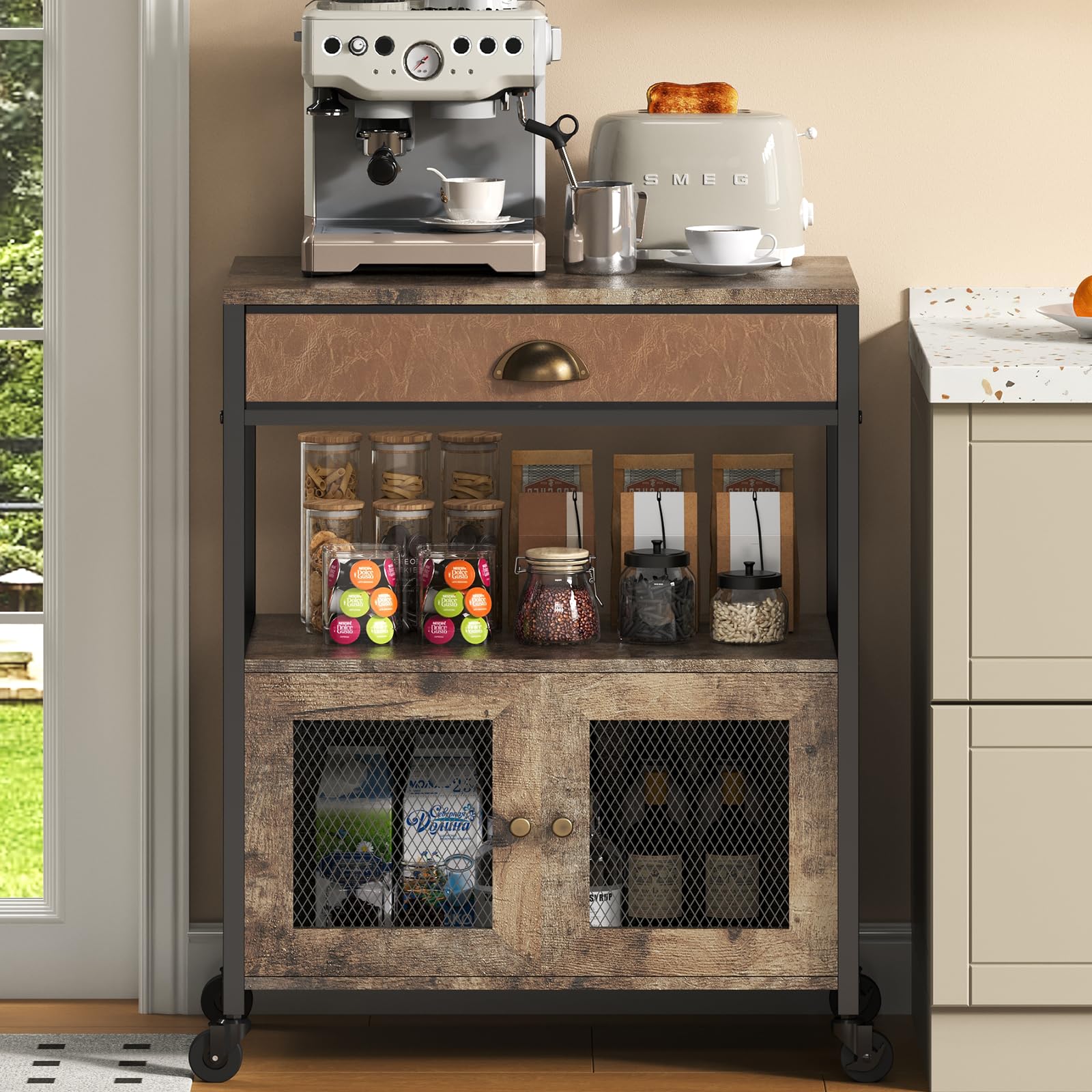 X-cosrack Coffee Bar Cabinet，3 Tiers Kitchen Coffee Cart with Drawer for The Home, Movable Farmhouse Ktichen Station Table on Wheels for Living Room, Entryway, Dining Room, Kitchen