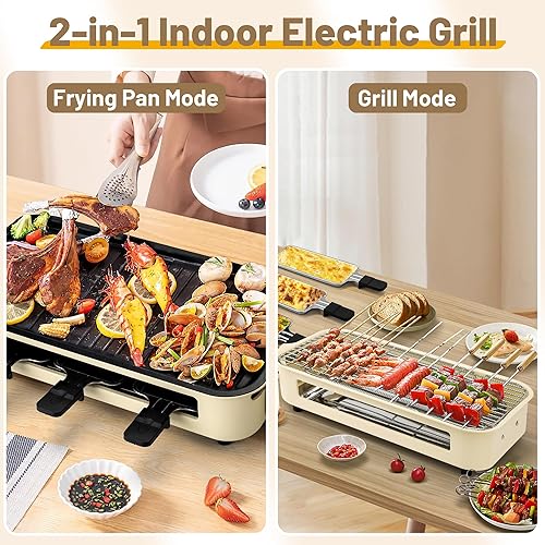 Miniatura 5 de Pukomc Parrilla eléctrica para interiores, 2 en 1 para cocina, con red de parrilla y placa extraíble antiadherente, control de temperatura, apto