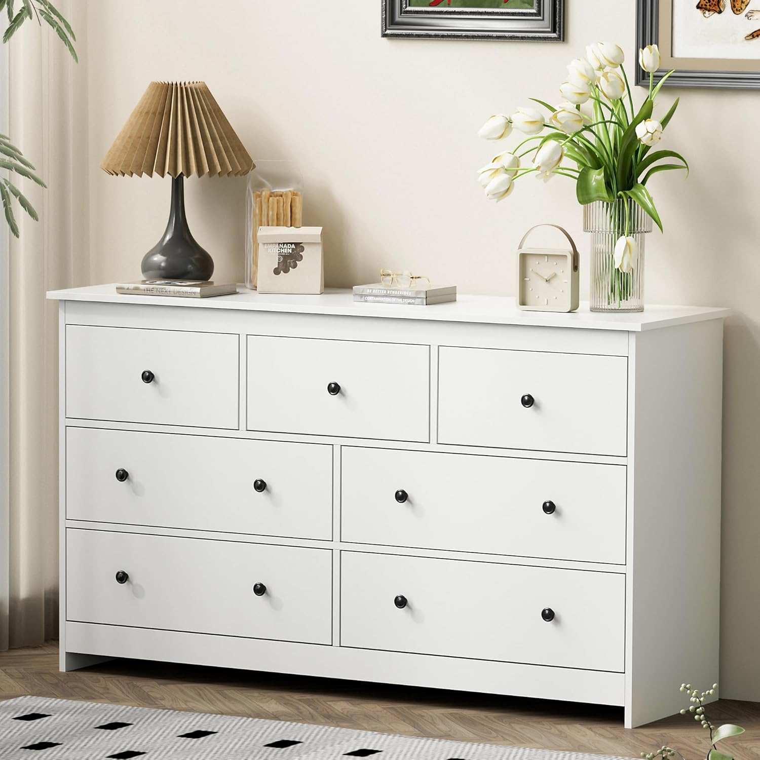 White 7 Drawer Dresser for Bedroom, 55'' Wide Wood Chest of Drawers with Metal Handles, Modern Large Dressers Organizer for Living Room, TV Stand, Hallway, Entryway