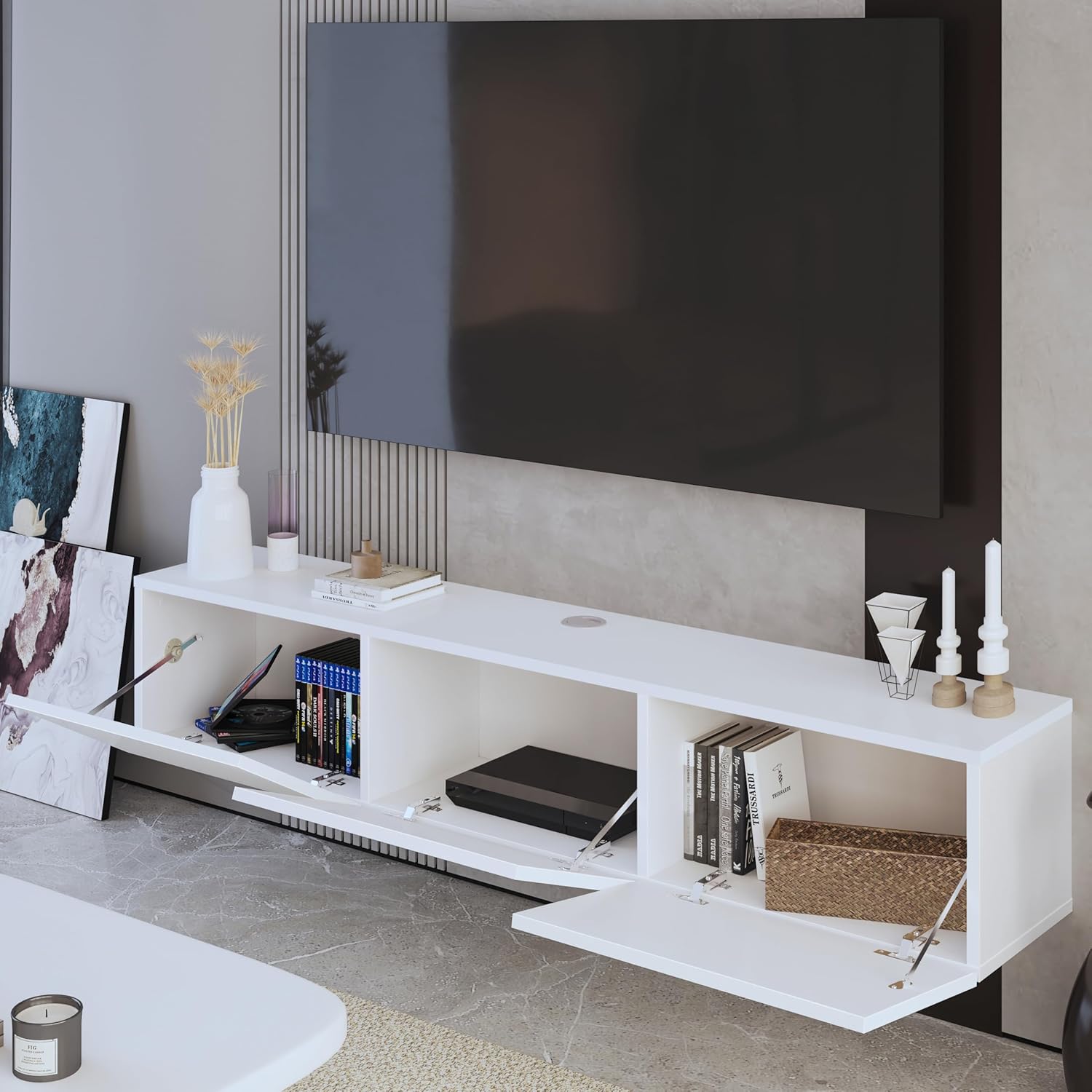 Modern Floating TV Stand, White TV Stand for 65 Inch, Floating Entertainment Center, TV Stands for Living Room, Floating TV Console, Contemporary Media Unit