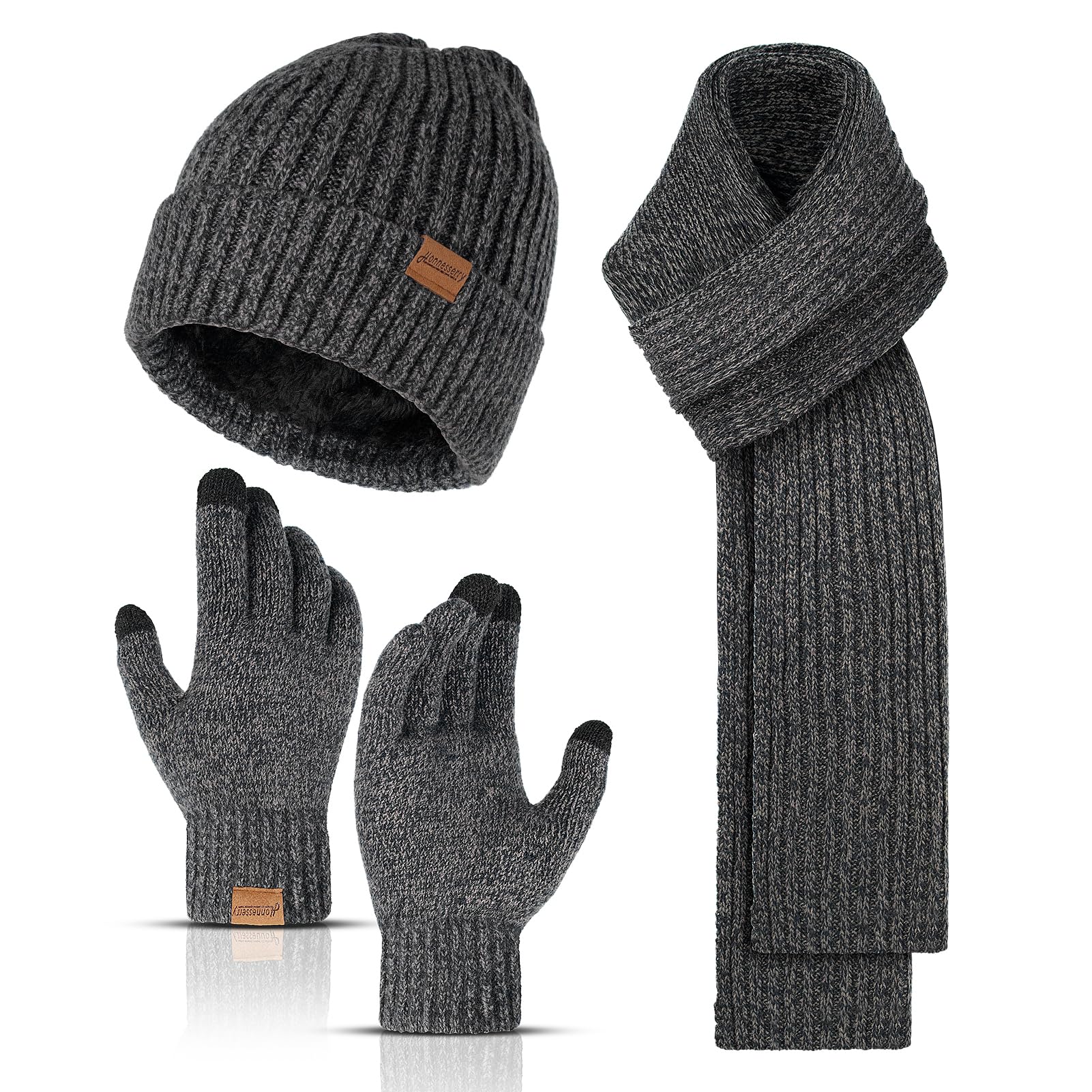 Winter Hats Scarf for Men with Touchscreen Gloves Men's Scaves and Beanie Hat Themal Glove Set for Men Women, Dark Grey, One Size
