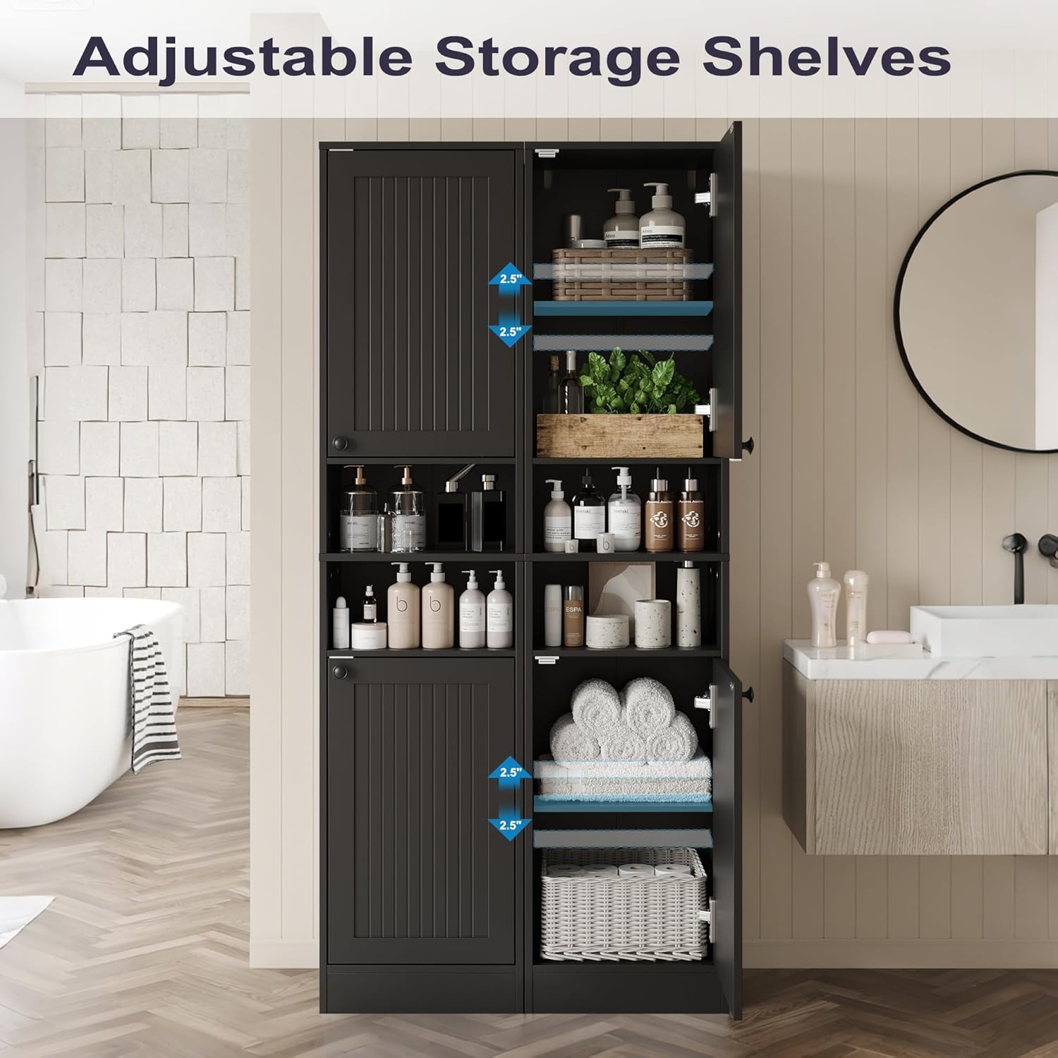 Farmhouse Bathroom Cabinet with 2 Doors, 67" Tall Slim Freestanding Cabinet, Narrow Floor Storage Unit with Open Shelf and Adjustable Shelves for Bathroom, Living Room, Kitchen, Black