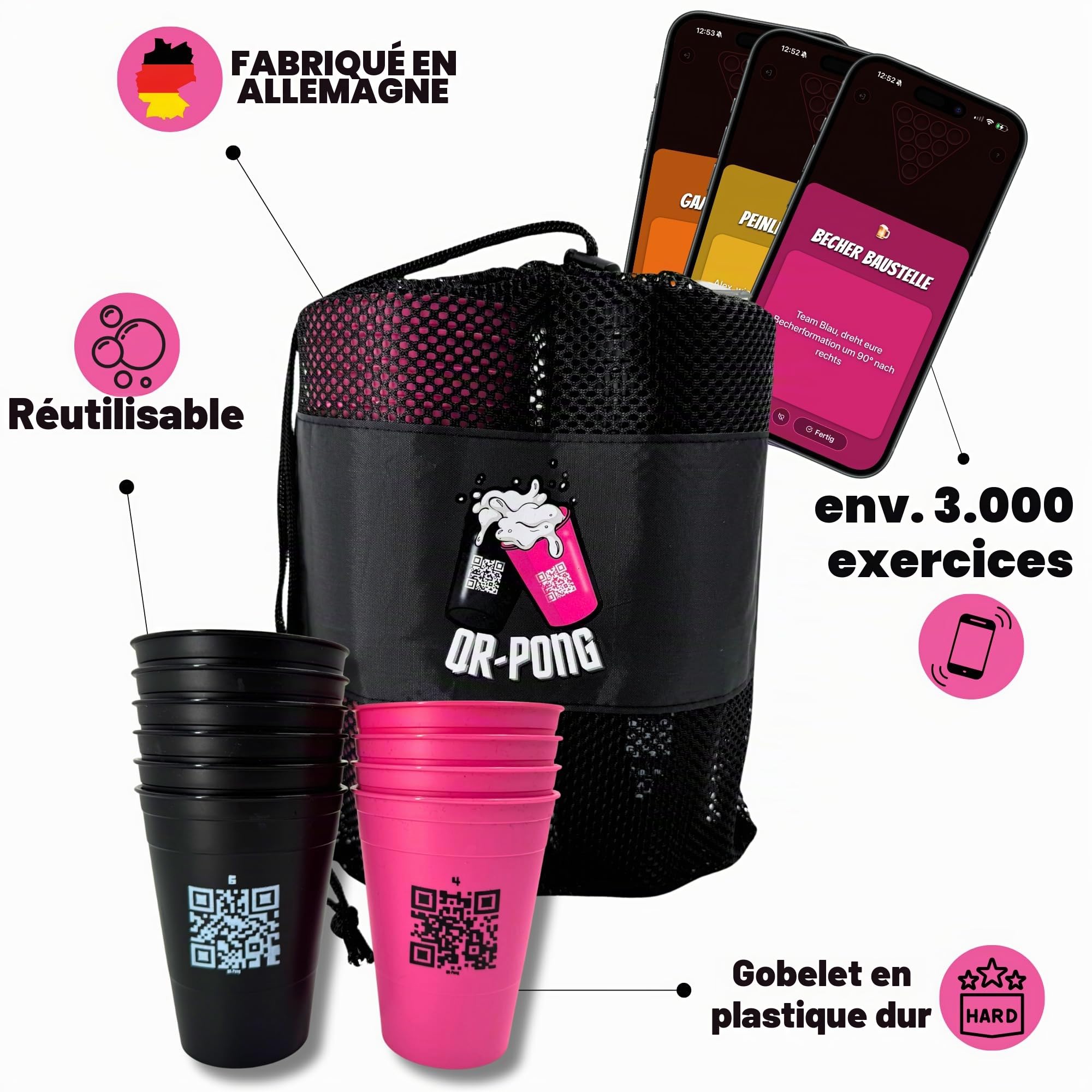 Beer Pong avec application et 3 000 tâches amusantes - 22 gobelets en plastique rigide réutilisables fabriqués en Allemagne - Le cadeau d'anniversaire le plus cool - Jeu à boire [noir/rose]