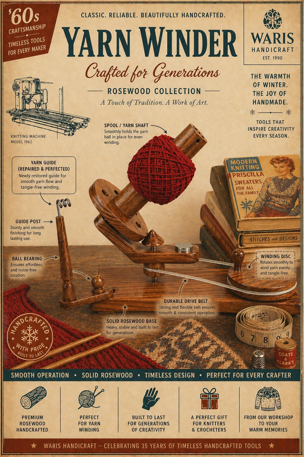 WARIS HANDICRAFT Wooden Yarn Ball Winder Knitting Crocheting Wool Ball Maker Machine (PRIMUM Quality Rosewood Wood) 2