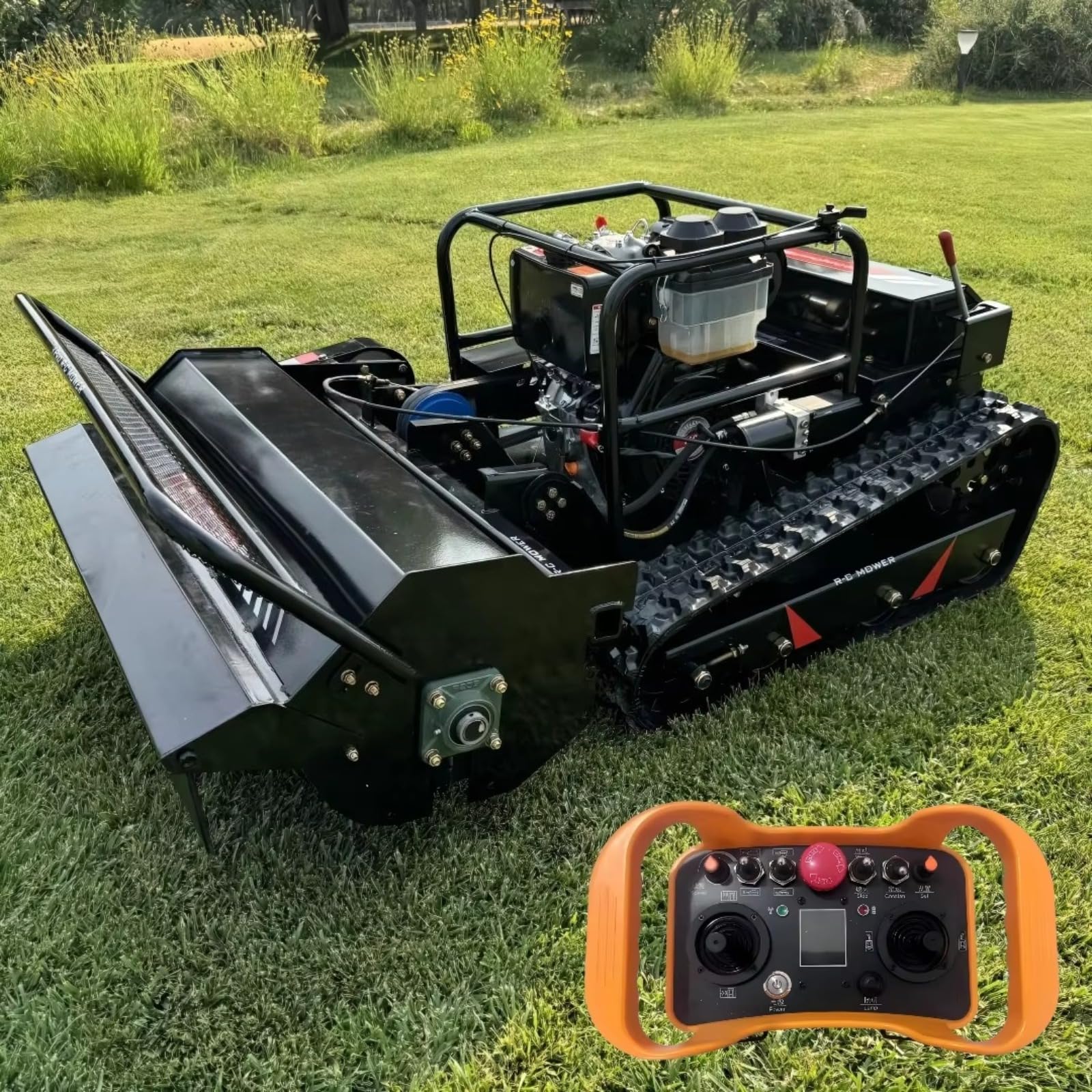Cortacésped con orugas, cortador de césped estilo tanque de control remoto para pendientes y terrenos ásperos, cortacésped resistente a control remoto para patio, granja, trabajo en ladera
