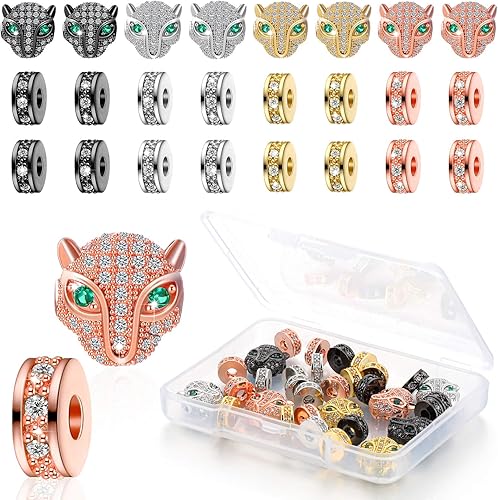 32 Pieces Leopard Head Animal Rhinestone Spacer Beads Large Hole Panther Head Pendant Charms Connector for DIY Bracelet Necklace Earrings Jewelry