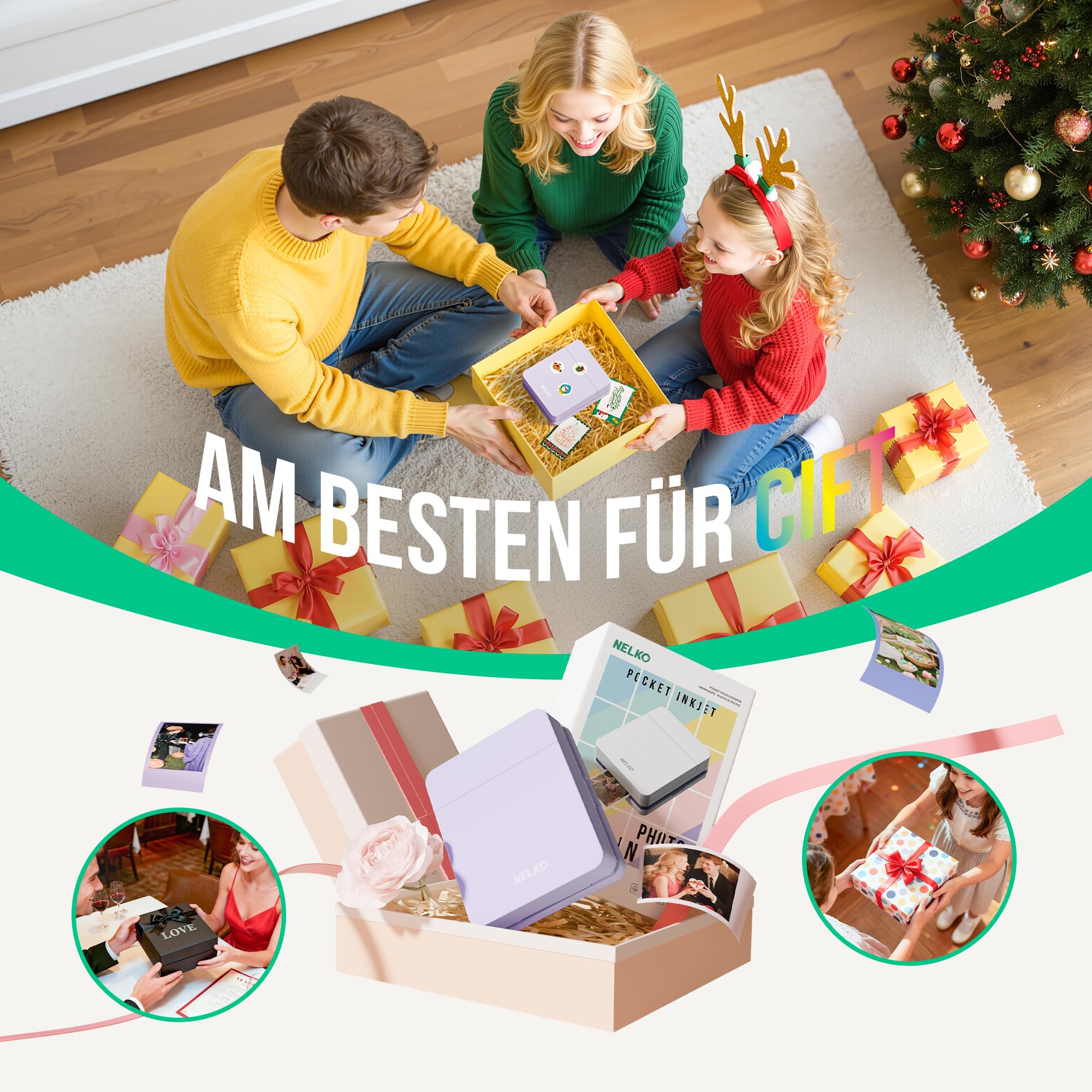 Nelko PP01 Mini Fotodrucker Tintenstrahl Aufkleber Drucker für Smartphone mit 20 Fotopapier, Lila