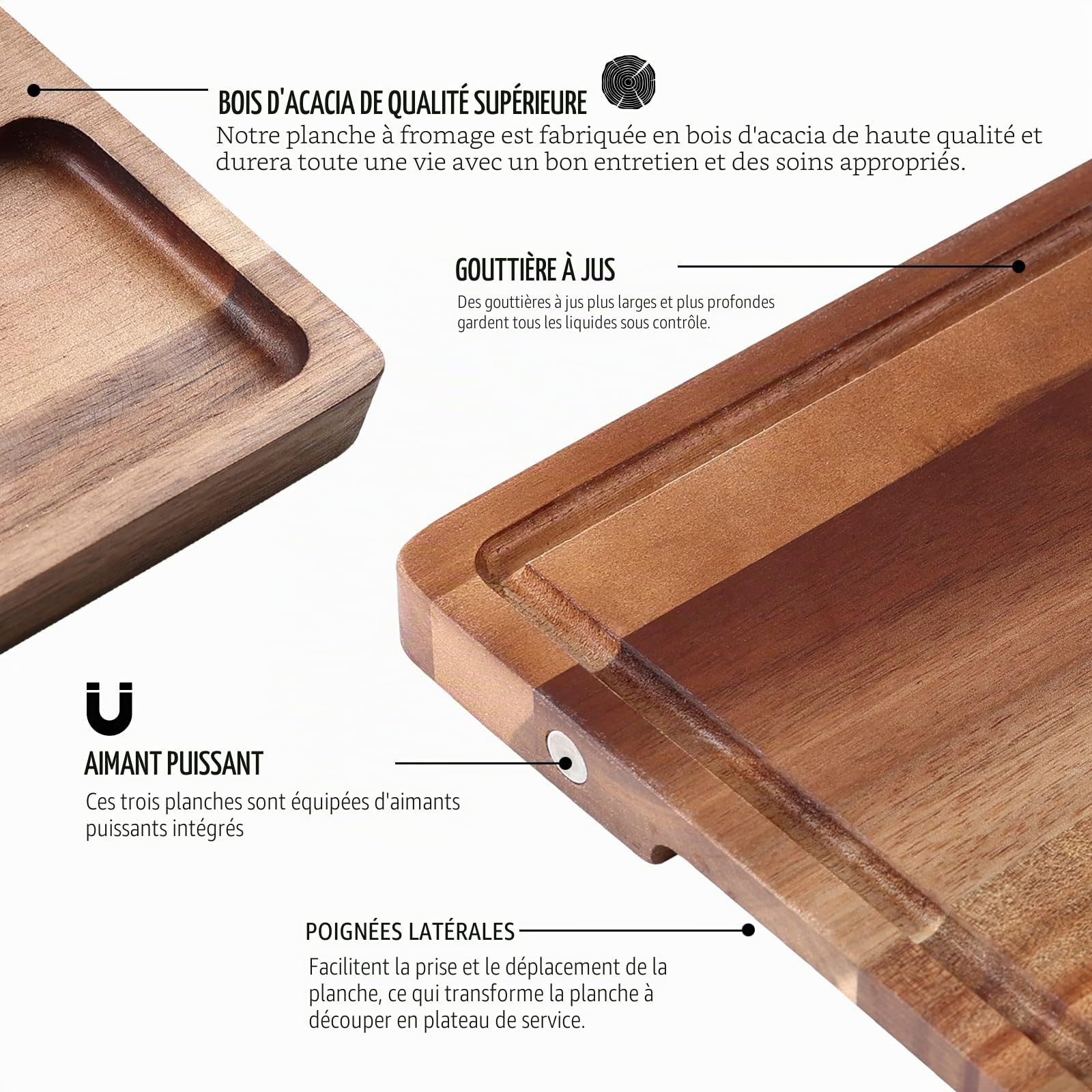 hecef Set de Plateau Aperitif, 8 Pièces Planche Charcuterie Set-Plateau Fromage Bois d'acacia avec 2 plateau aperitif, 4 fourchettes à dessert et 1 sac de transport, Cadeau pour Crémaillère et Noel