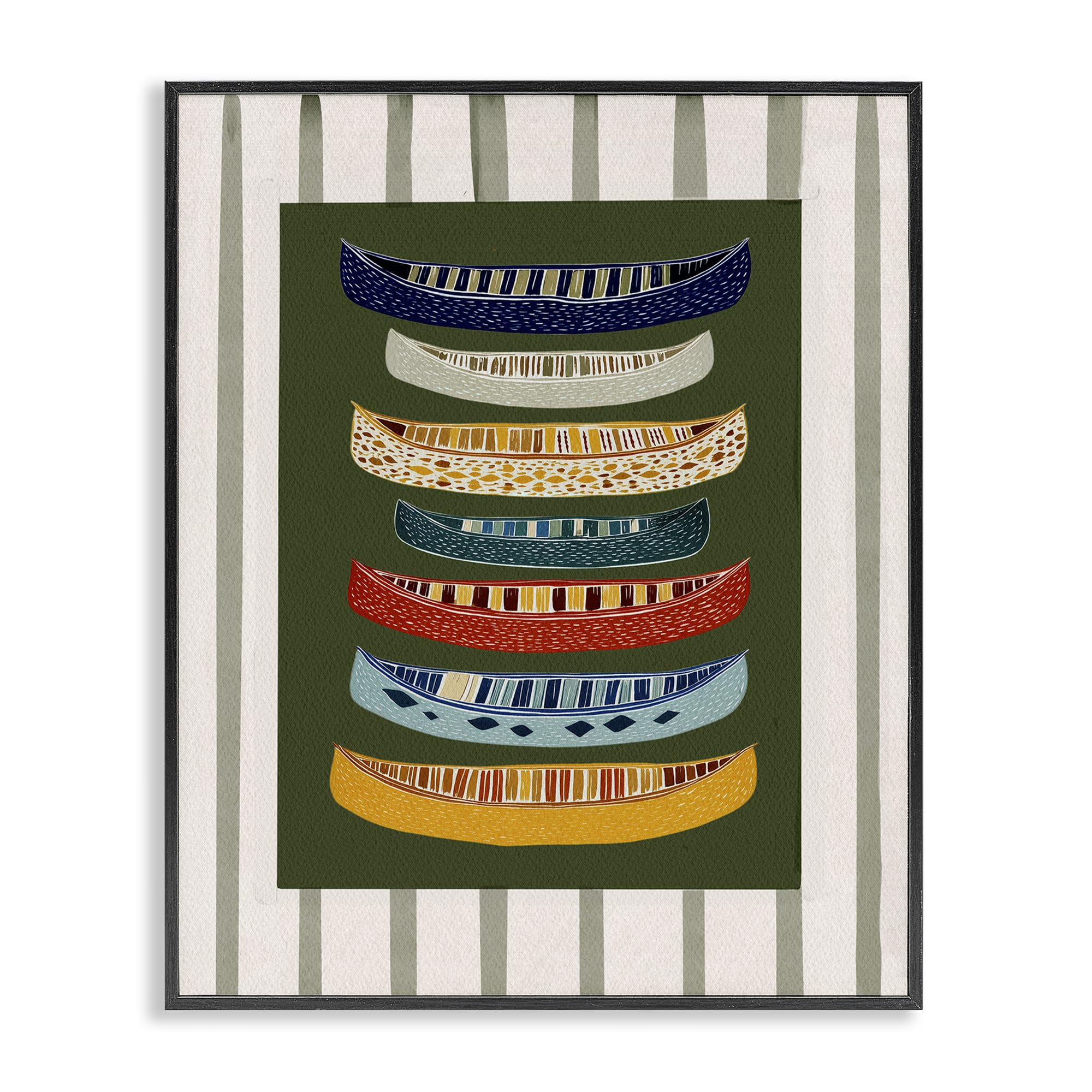 Stupell Industries Midnight Black (Textured) Patterned Canoes Travel Adventure, 16 X 20 Inch Framed Giclée Print