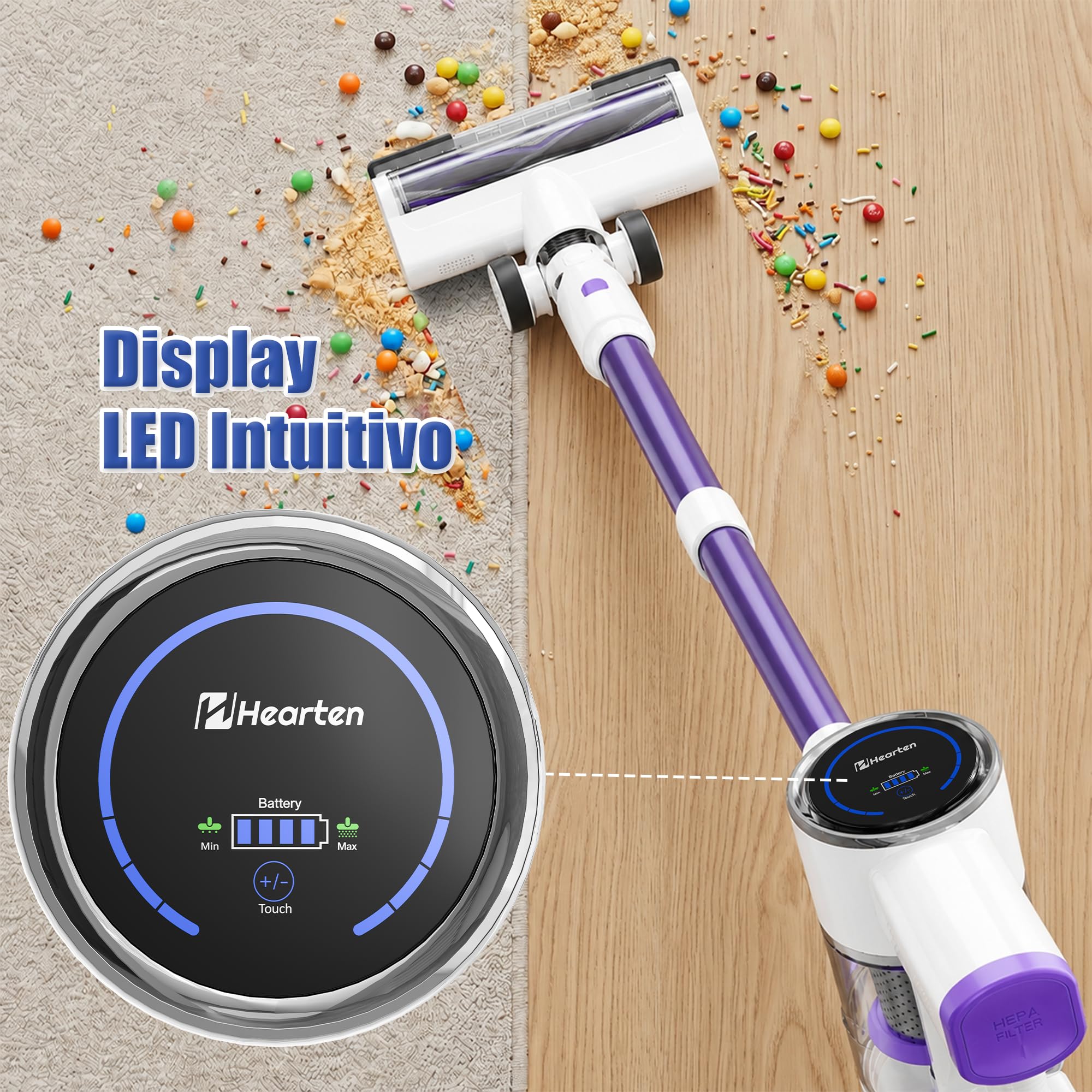 Hearten Aspirapolvere senza Fili con Tubo & Spazzola Triangolare, 40000Pa/450W/40Min, Display LED, Spazzola Antigroviglio Avanzata, Leggera, Autoportante, Silenzioso, per Peli/Pavimenti(Viola-bianco)